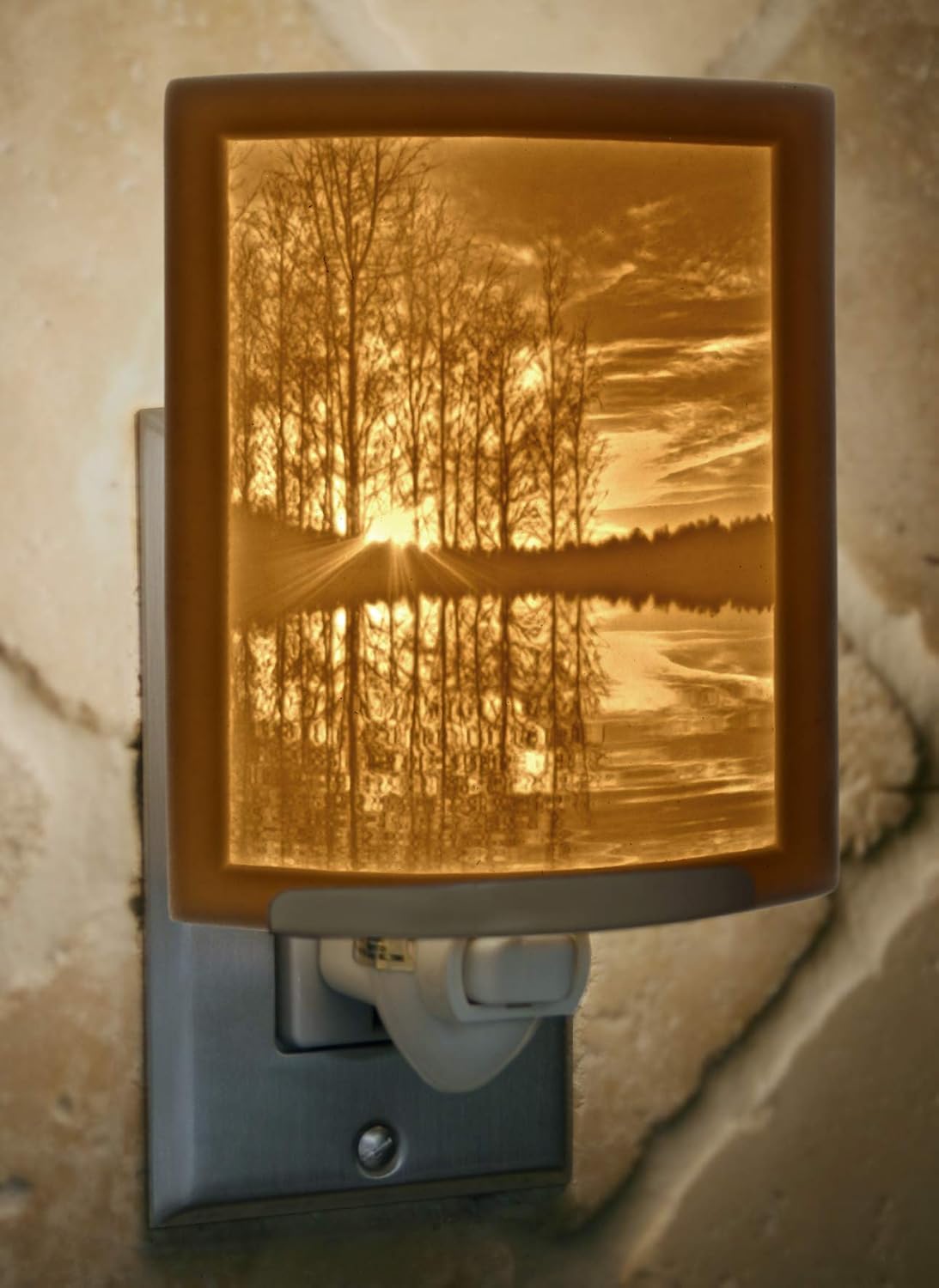 Lake Living Porcelain Lithophane Nightlight :Lakeshore Sunset, Decorative Wall Plug in for Nursery, Bedroom, Kitchen, Bath, Hallway Nature Themed Accent Light