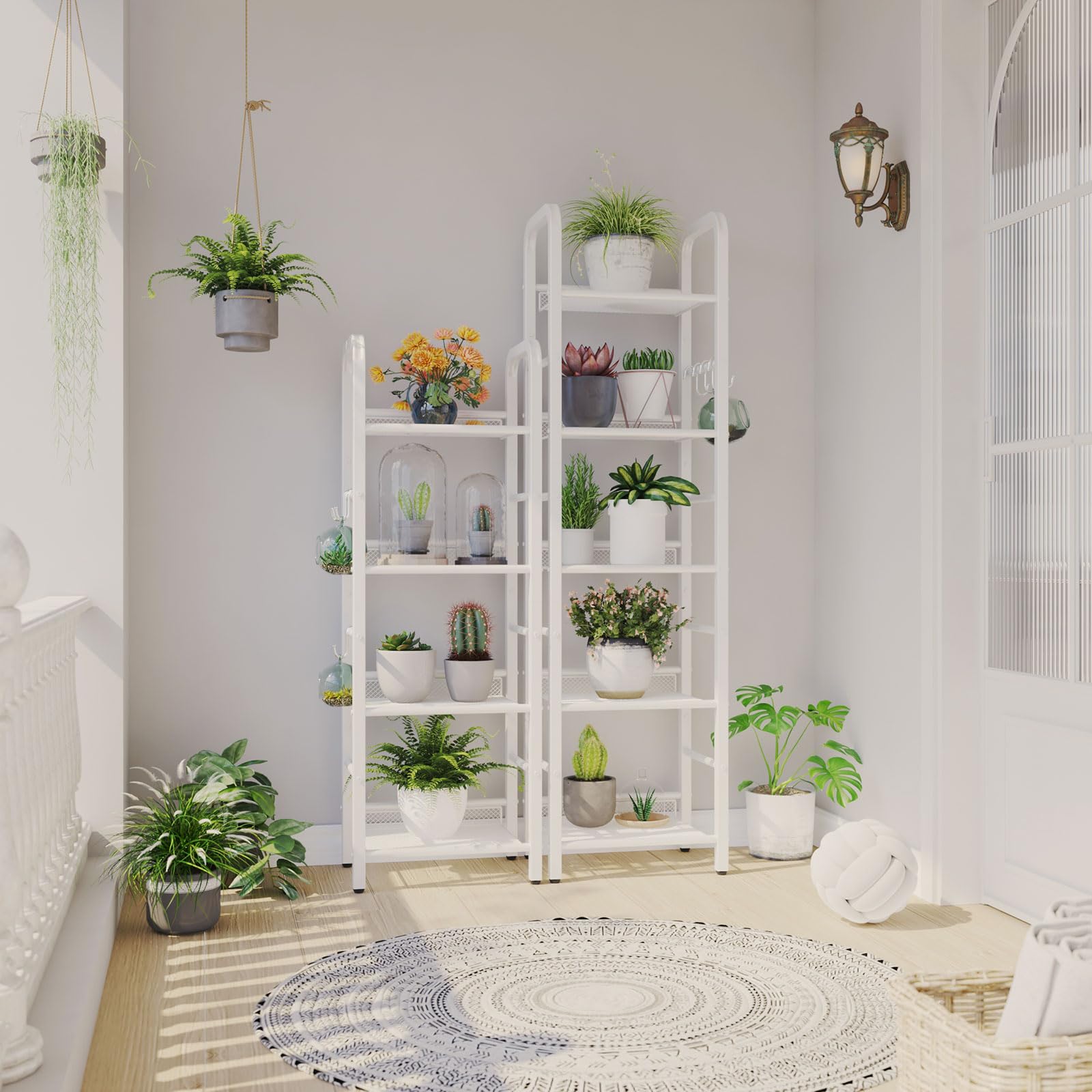 YMYNY Libreria a 5 strati, Libreria, Racchetto di stoccaggio, Mensole, Gancio a S 8 pezzi, Struttura in metallo, Stile minimalista, per Soggiorno, Ufficio, Bagno, Bianco HBC055W