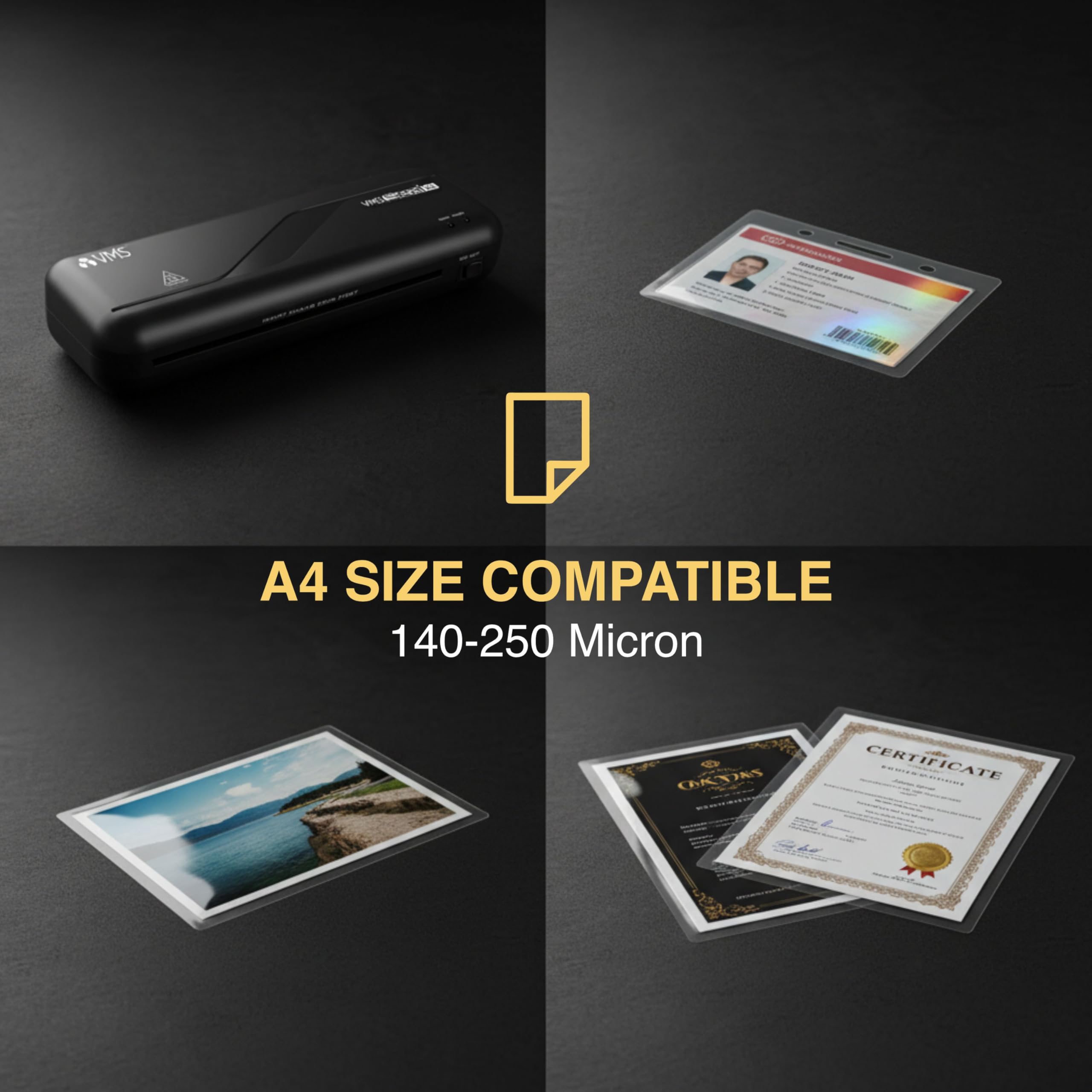VMS Máquina laminadora de sello, A4, obstrucción ABS, 140-250 micrones, calentamiento rápido en 3-5 minutos, tecnología sin burbujas, pantalla LED, para uso comercial en el hogar