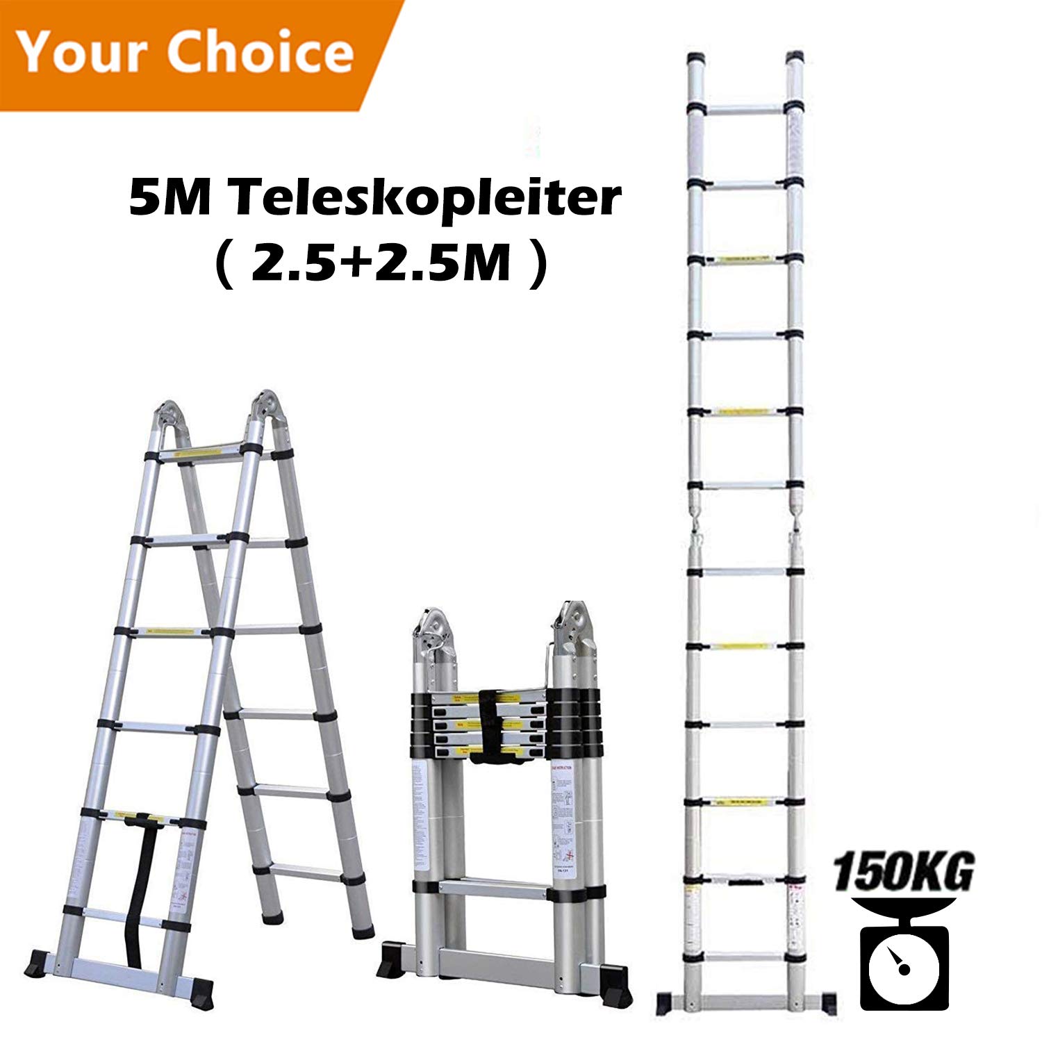 5M Scala Telescopica, Scala alluminio pieghevole scala multiuso Scaletta 16 gradini, Capacità 150kg, 2.5M+2.5M