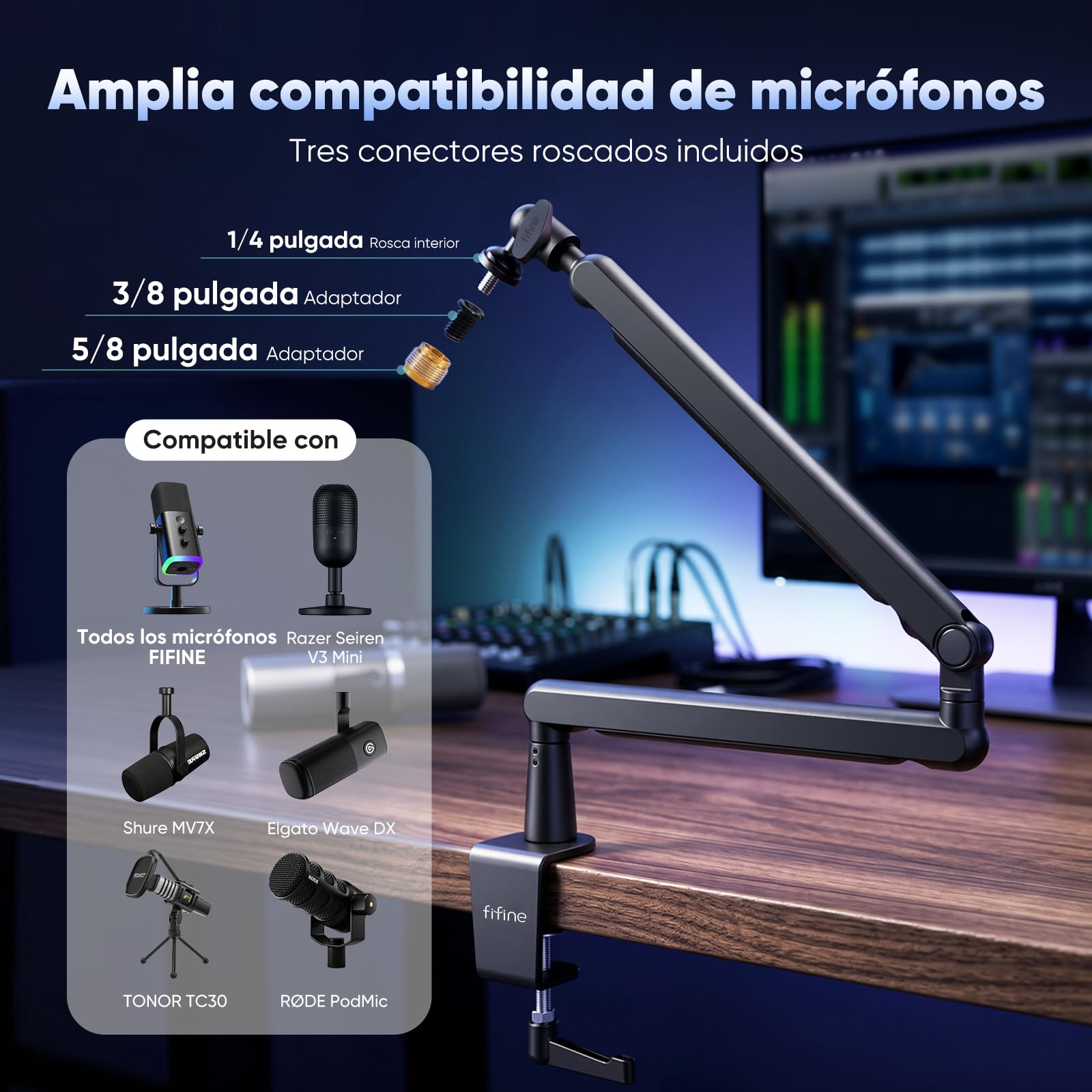 FIFINE Soporte de Micrófono, Brazo de Micrófono para Micrófono K658 K688 AM8 A8, con Pinza para Micrófono, Adaptador deTornillo, Gestión de Cables