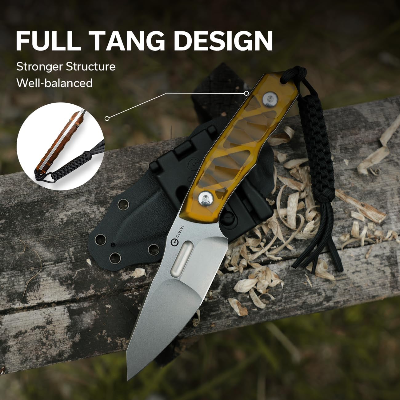 CIVIVI EDC Fixed Blade Knife with Kydex Sheath, T-clip, Lanyard for Outdoor Carry, Propugnator Knife PG KNIVES Designed, 4.15" D2 Blade Ultem Handle C23002-3