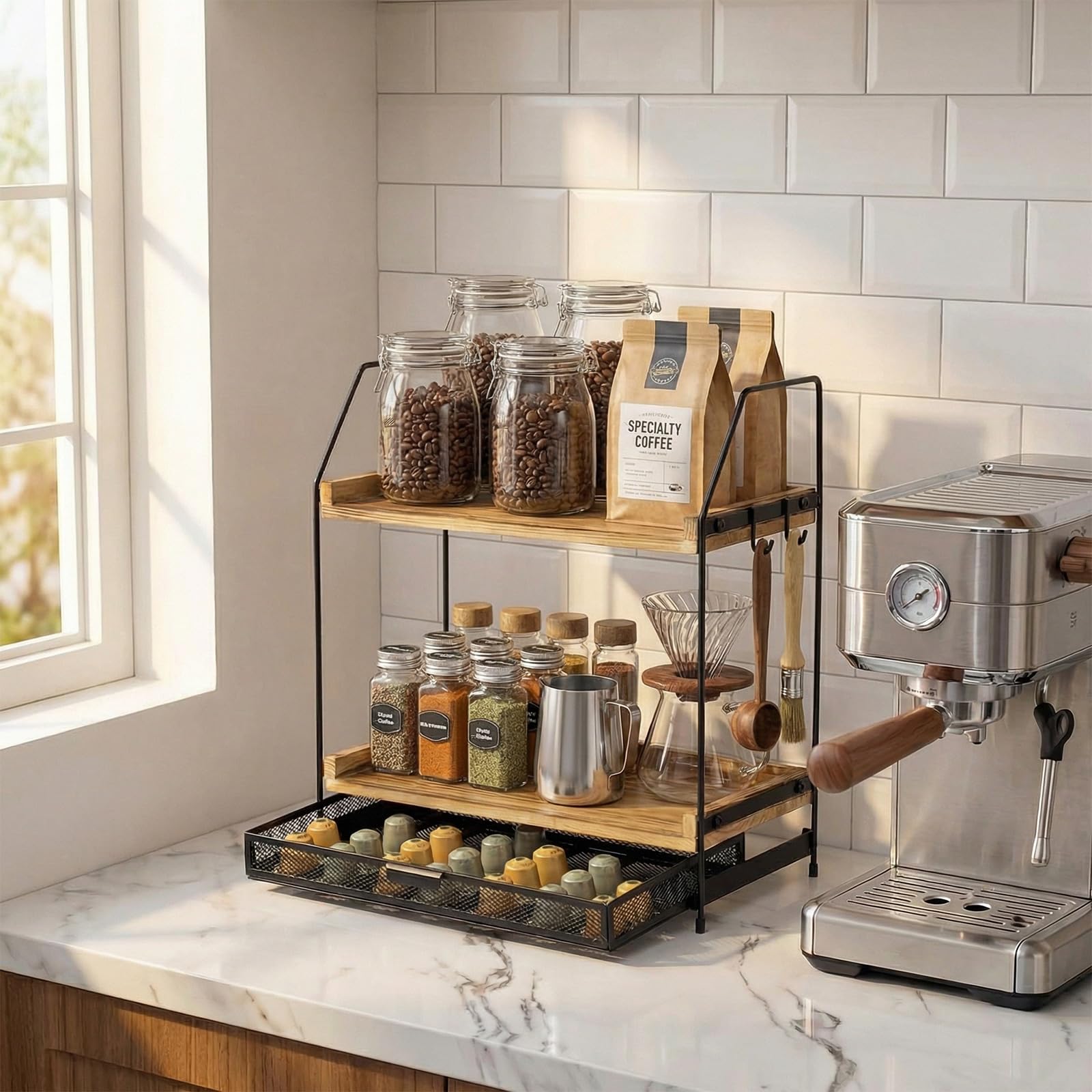 Organizador de estación de café para encimera, organizador de accesorios de barra de café de madera de 2 niveles con caja de almacenamiento, estante grande de encimera de cocina para jarabe de café