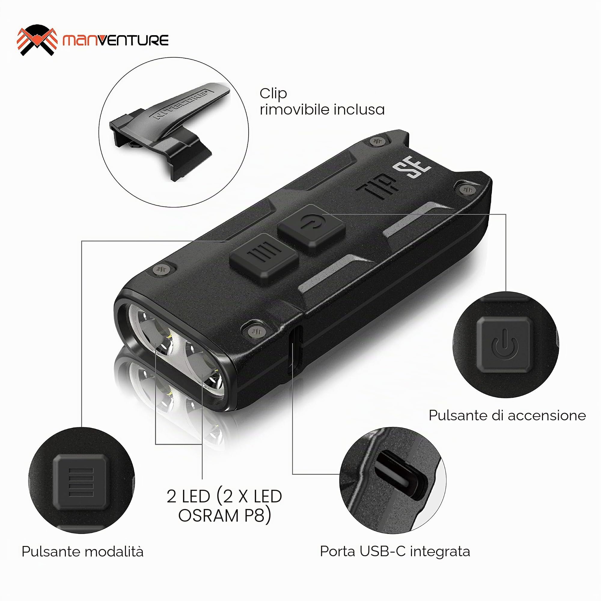 Nitecore TIP SE – Mini torcia tascabile – 700 lumen LED – Ricaricabile USB C – Torcia portachiavi – impermeabile IP54 con 4 modalità 26 grammi ([NERO])
