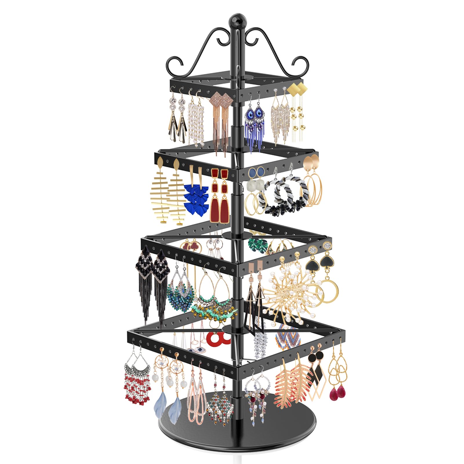 MODOWEY 4 Tier Metal Rotating Earring Holder Organizer Tree Spinning Display Stand Rack, 112 Holes Adjustable Large Storage for Women Girl Stud Dangle Hoop, Find Earrings Easily(Square, Black)