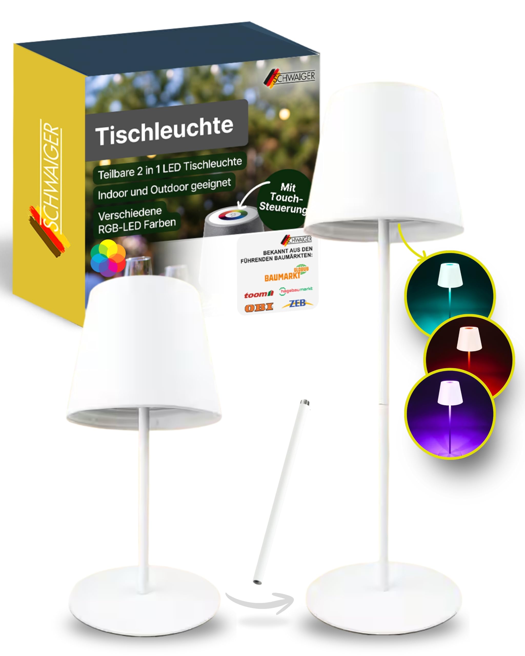 SCHWAIGER Tischleuchte I teilbare LED Tischlampe mit Touch-Steuerung I Akku-Lampe mit RGB und warmweiß I IP44 geschützt und aufladbar per USB-C I kabellose Lampe für Indoor & Outdoor