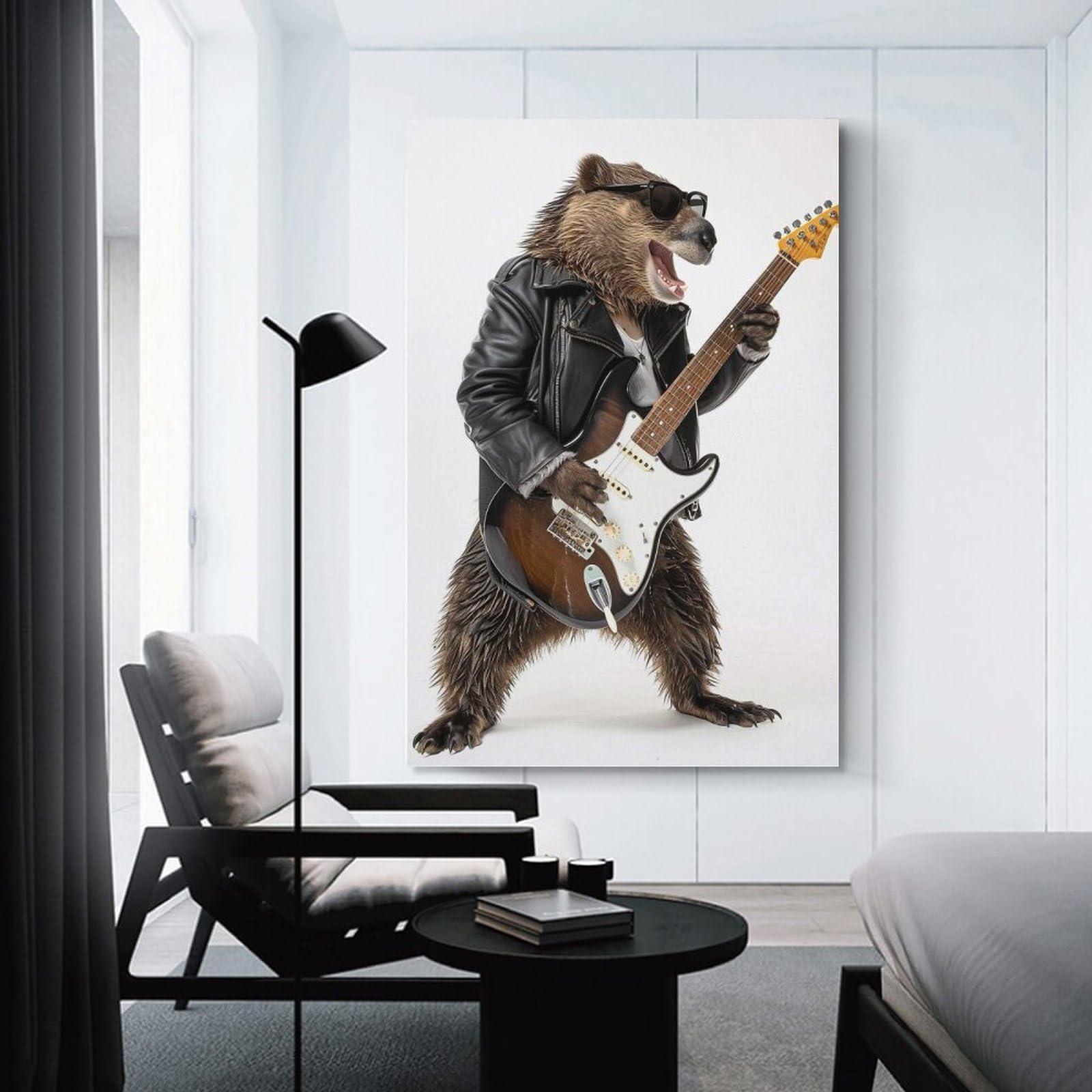Junmoney Beaver Guitar Canvas Art Print, 24x36inch(60x90cm), for Bedrooms, Workspaces And Everyday Interiors, A Flexible Wall Accent for Shared Spaces