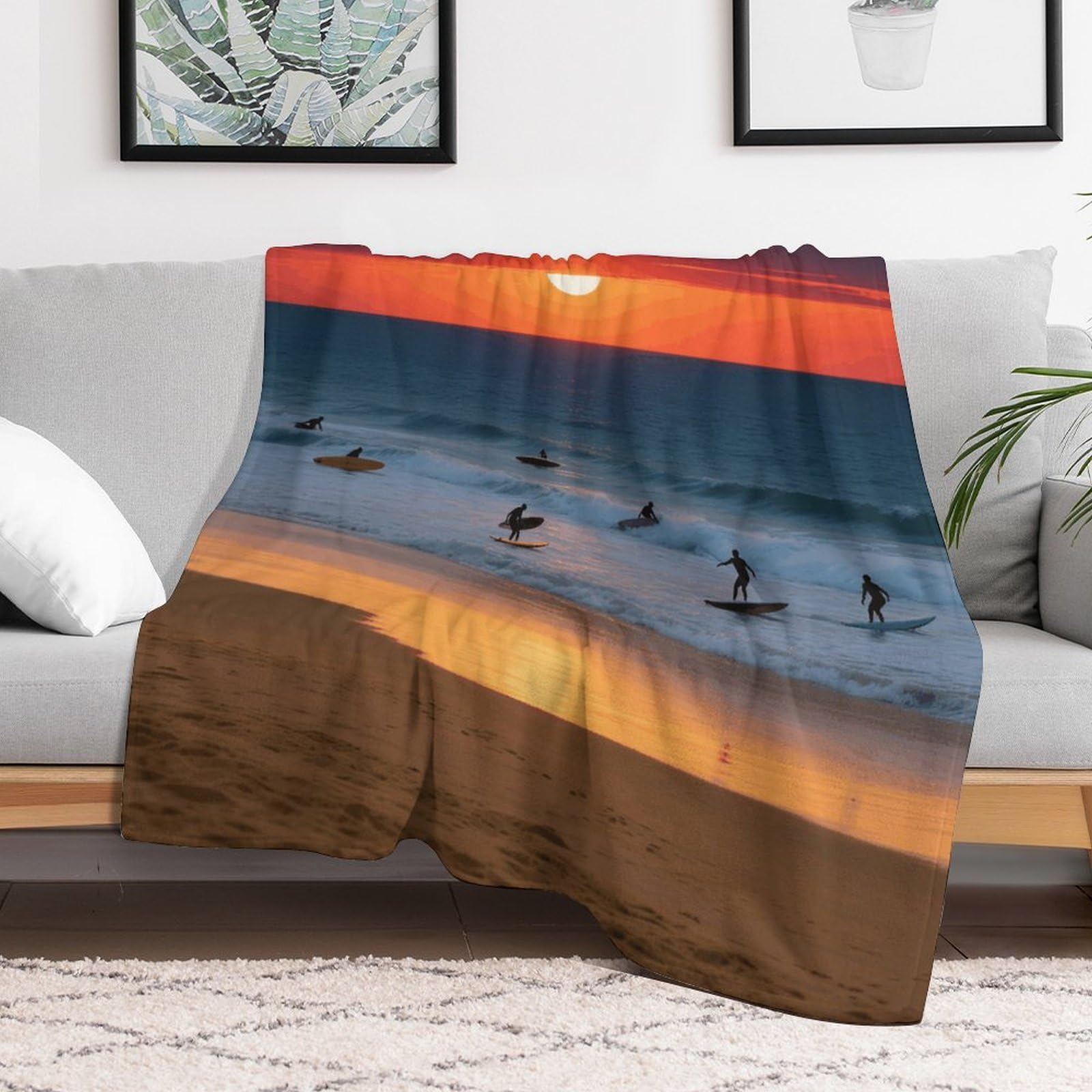 Custom Beach Red Sunset Blanket Lightweight Flannel Fleece Throw for Couch Sofa Bed Luxury Soft Cozy Plush Lap Bedtime Blanket for All Seasons Bedroom Home Decor Gifts 60x80