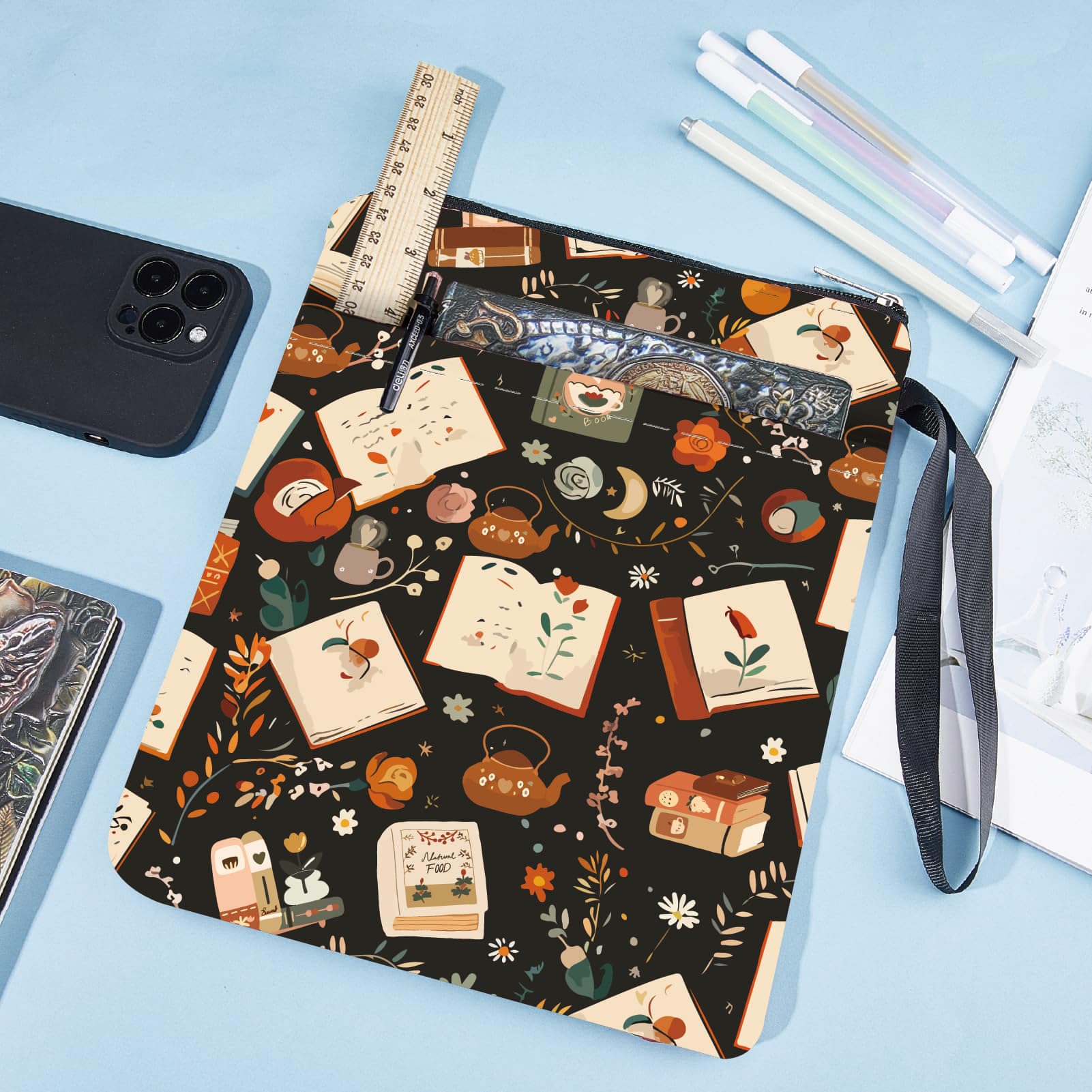 CRASPIRE Housse De Protection Pour Livre Avec Fermeture Éclair Et Pochette Supplémentaire Rectangulaire Vintage Tasse à Café Livre Ouvert Fleur Tissu Lavable Pochette De Protection Pour Livre De Poche