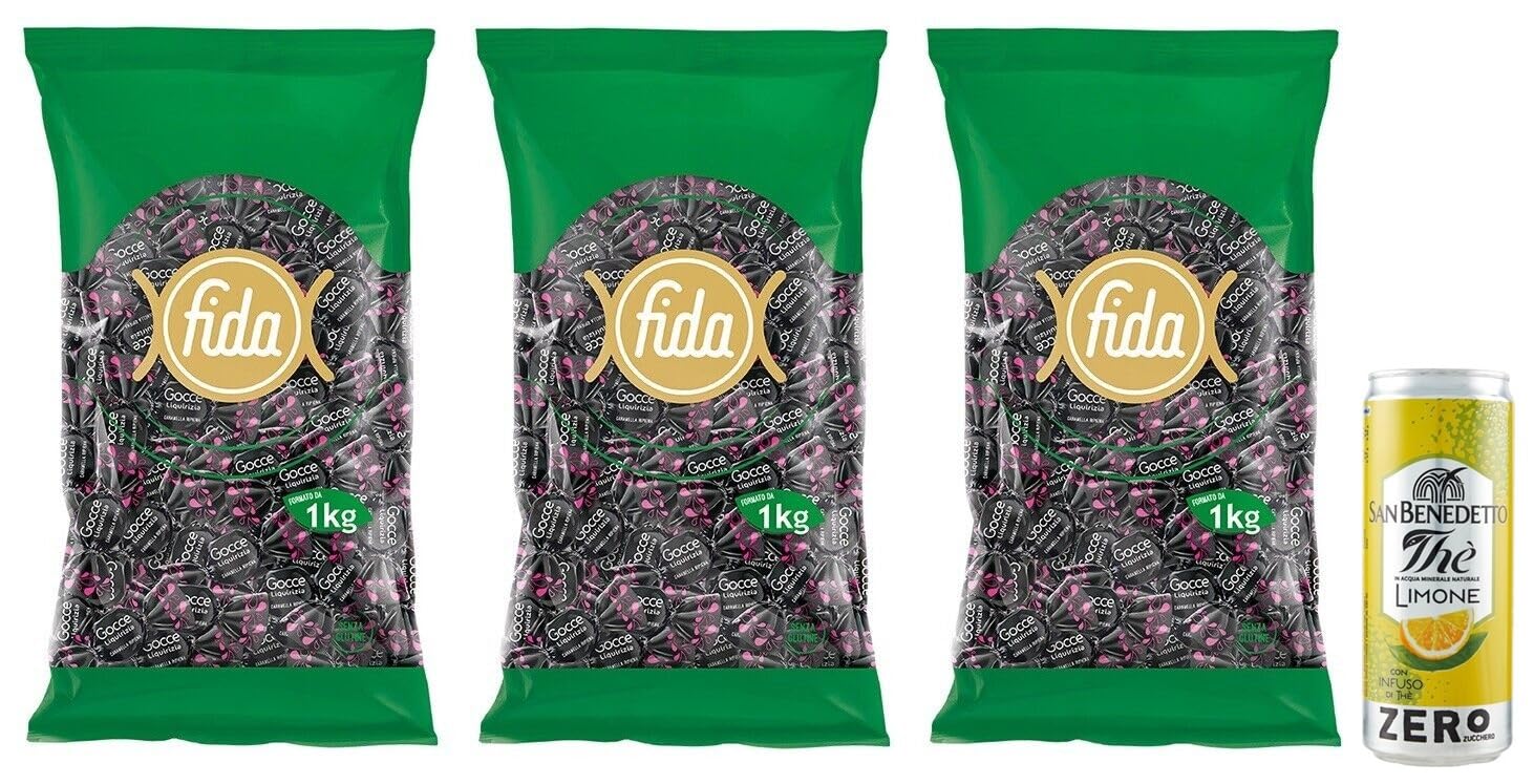 3er-Pack FIDA Rossana Gocce Liquirizia Bonbons mit Lakritze gefüllte 1Kg Beutel + 1er-Pack Kostenlos San Benedetto Eistee mit Zitrone Ohne Zucker 330ml Dose