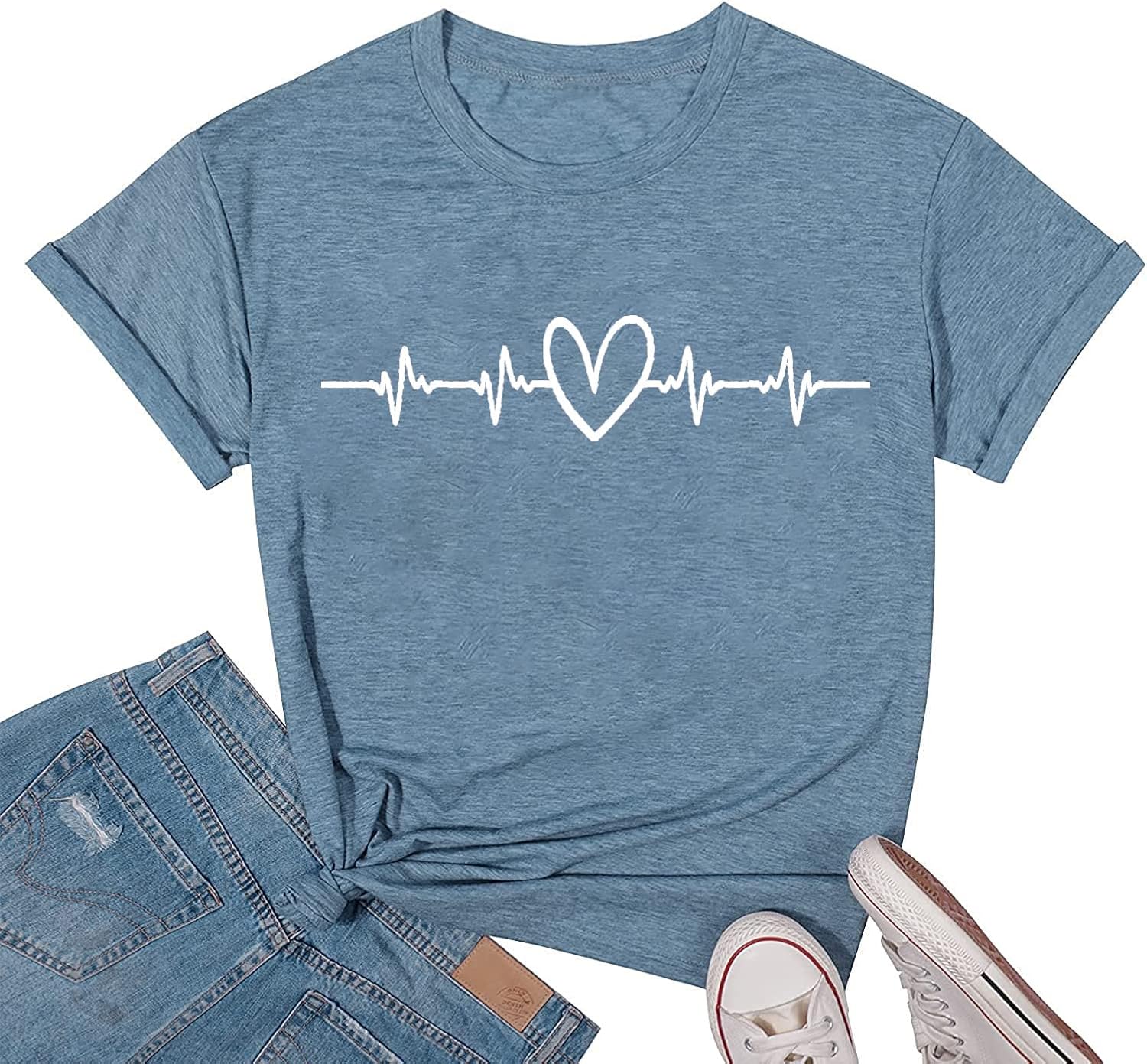 Camiseta de latido del corazón para mujer, lindas camisetas gráficas de corazón con estampado divertido de manga corta casual de verano para
