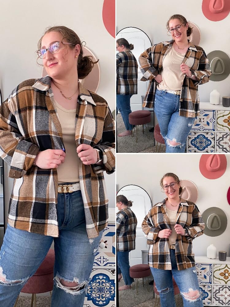 HOTOUCH Womens Flannel Plaid Shacket Jacket Button Down Tartan Trench with Pocket Long Sleeve Cropped Fashion Coat S-XXL - Image 3