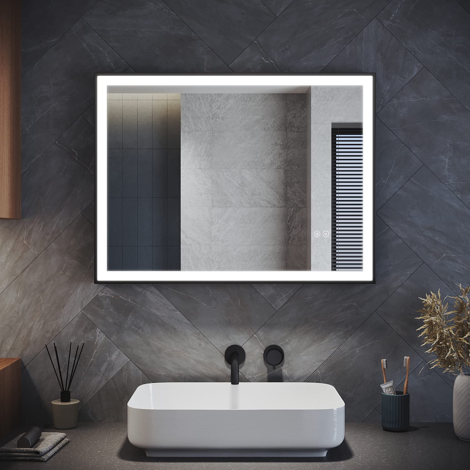 ELEGANT Bathroom Mirror with LED Lights, Dimmable Black Framed 800x600cm