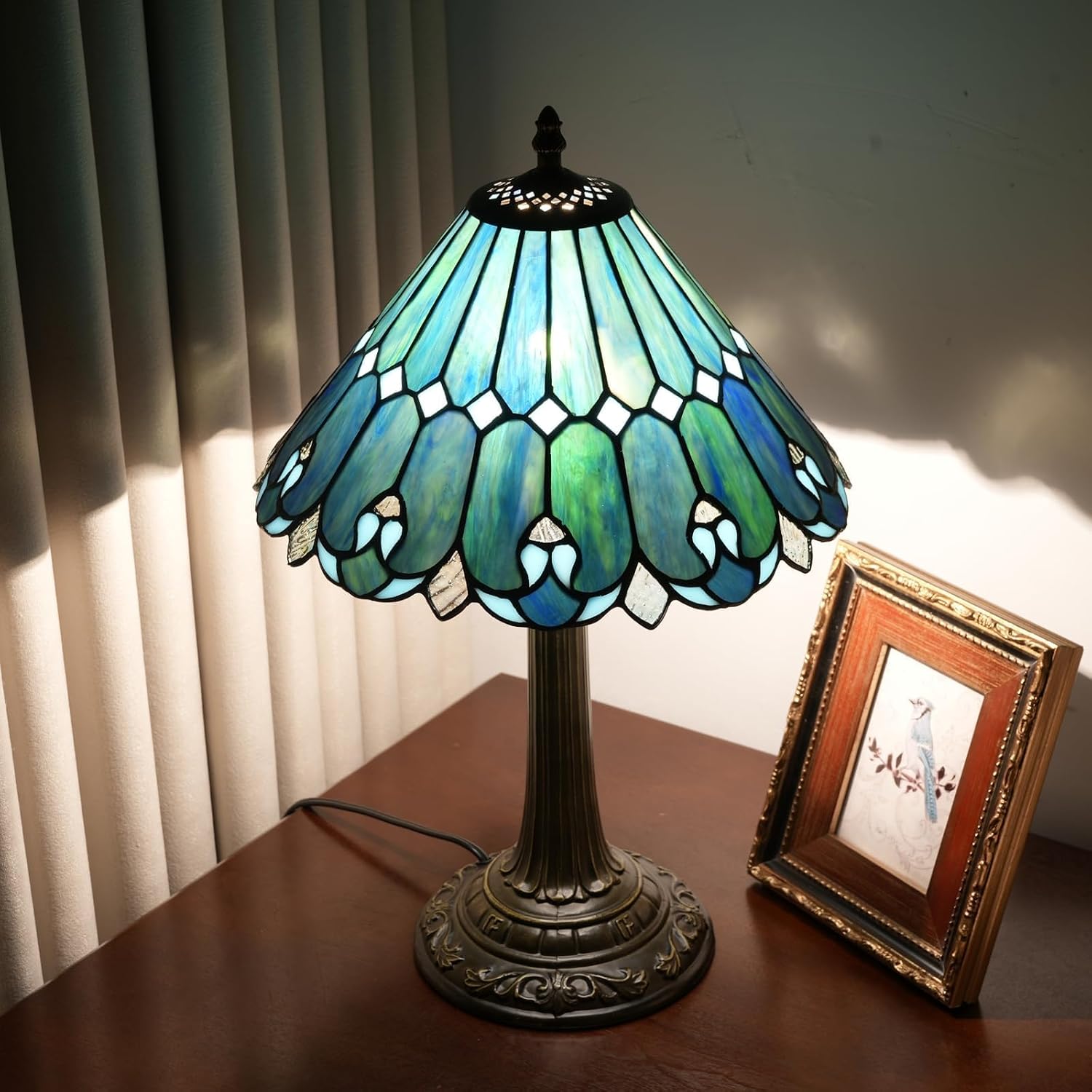 Tiffany Lamp Stained Glass lamp 12x12x18 Inches Bedside Table Lamp for Living Room Bedroom Dorm Kitchen Home Decor Festival Birthday Gift,Sea Blue