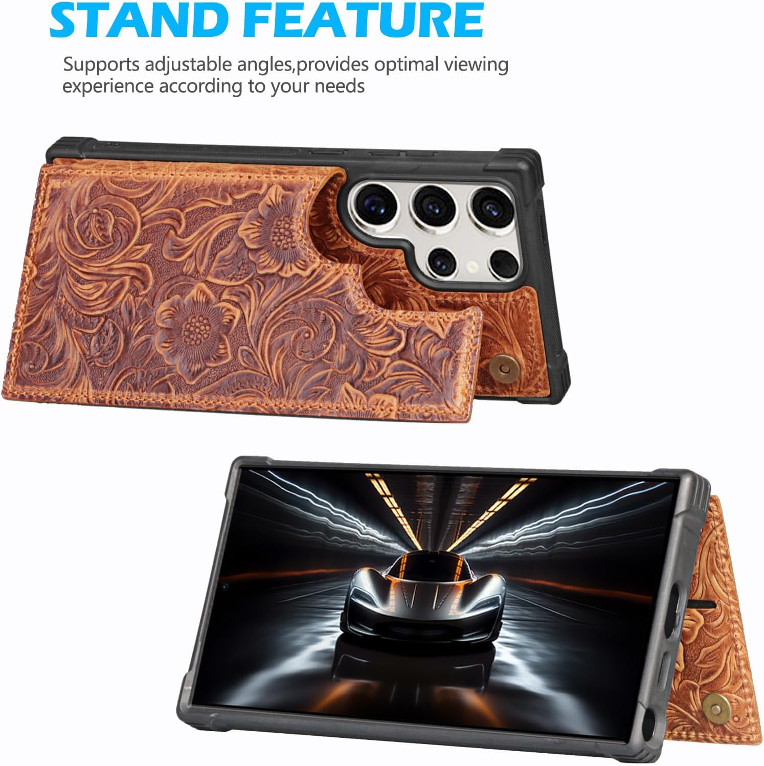 Leather Case Compatible with Samsung Galaxy S23 Ultra Wallet 6.9",Genuine Leather Shockproof Anti-Fall Case, Flip Cover with Card Slot, Double Magnetic Buckle,Kickstand Durable Brown - Image 5