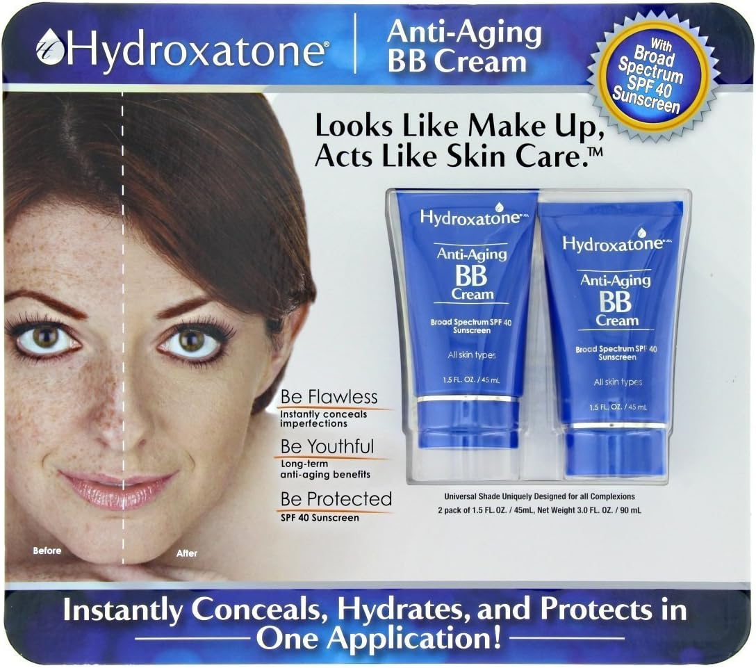 Hydroxatone Anti-Aging BB (Beauty Balm) Cream, Universal Shade for ALL Skin Types, SPF 40 (BONUS Pack of 2, 1.5 ounce bottles)