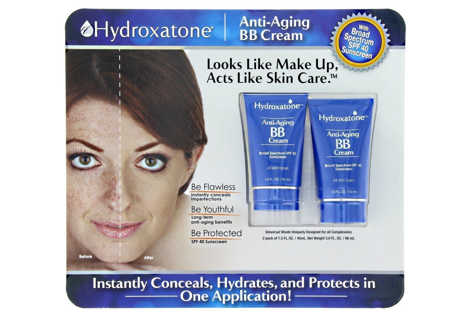 Hydroxatone Anti-Aging BB (Beauty Balm) Cream, Universal Shade for ALL Skin Types, SPF 40 (BONUS Pack of 2, 1.5 ounce bottles)