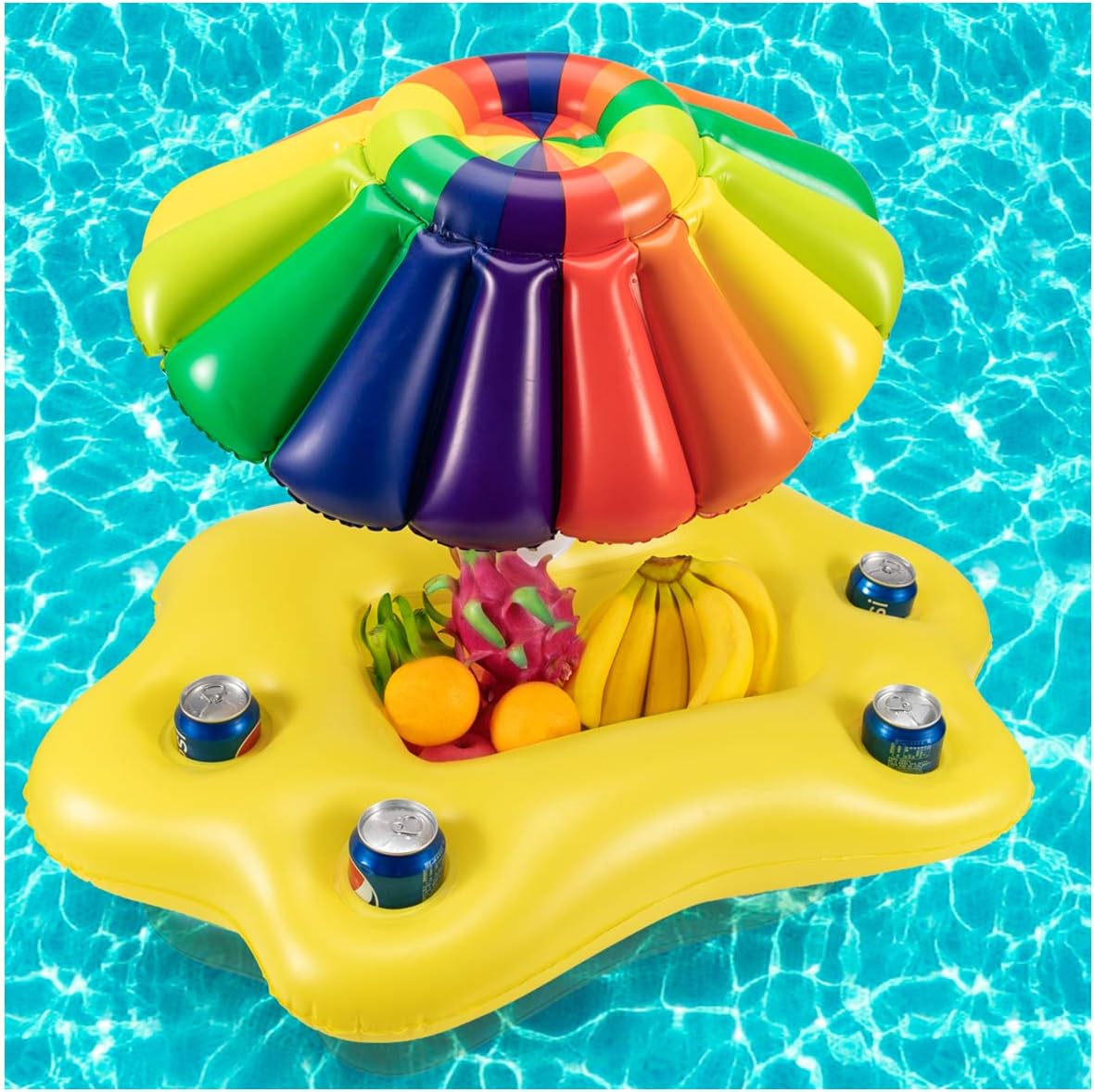 Biubee Inflatable Sun Umbrella Drink Holder- Multi Floating Beverage Salad Fruit Serving Bar, Cup Bottle Holder Pool Float Holds 4 Drinks for Kids Adults Summer Beach Swimming Pool Water Fun