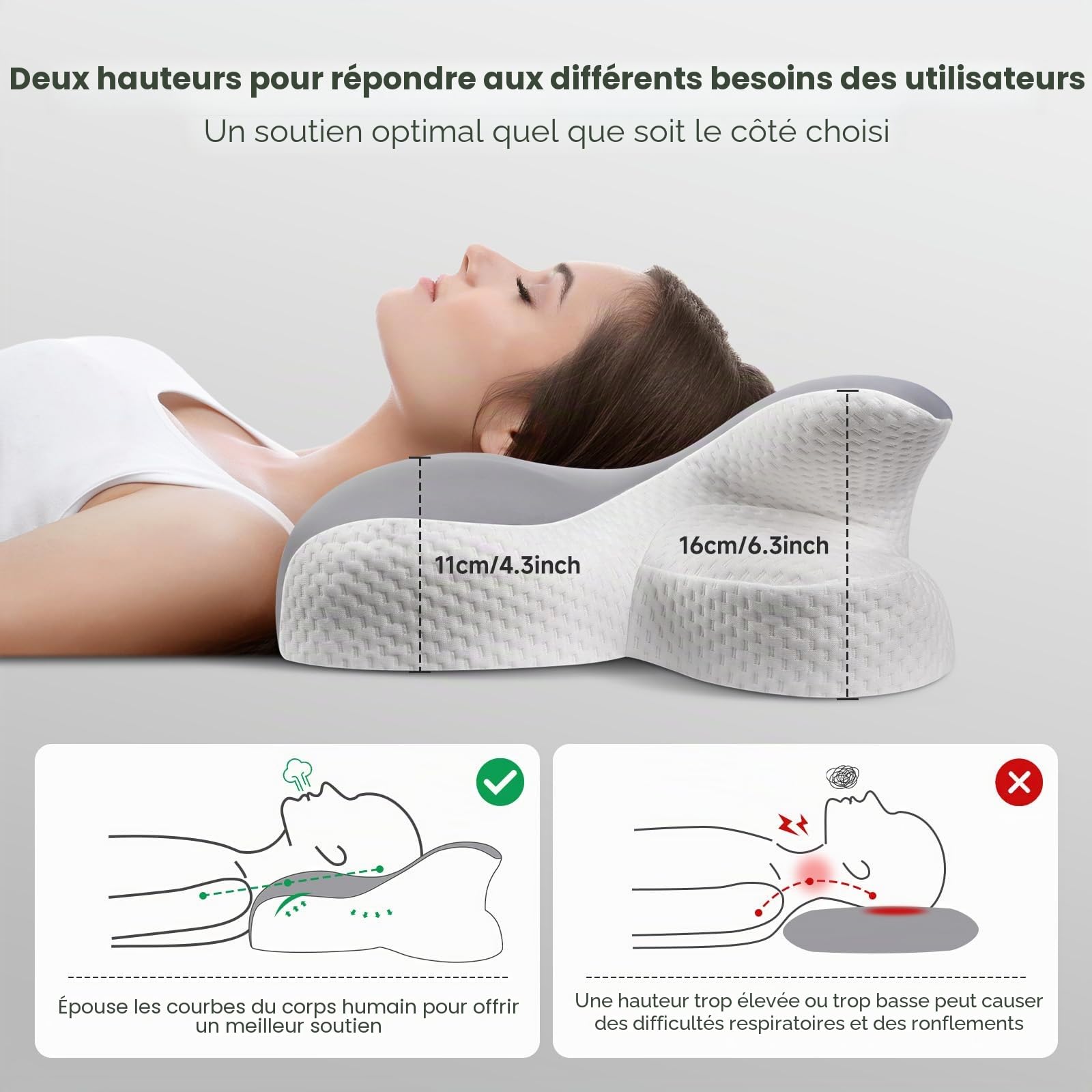 A-PCE 2 Pièces Oreiller en Mousse à mémoire de Forme | Oreiller de Soutien Cervical,avec taie d'oreiller Amovible rafraîchissante,Soulage Les douleurs du Cou et des épaules,Gris