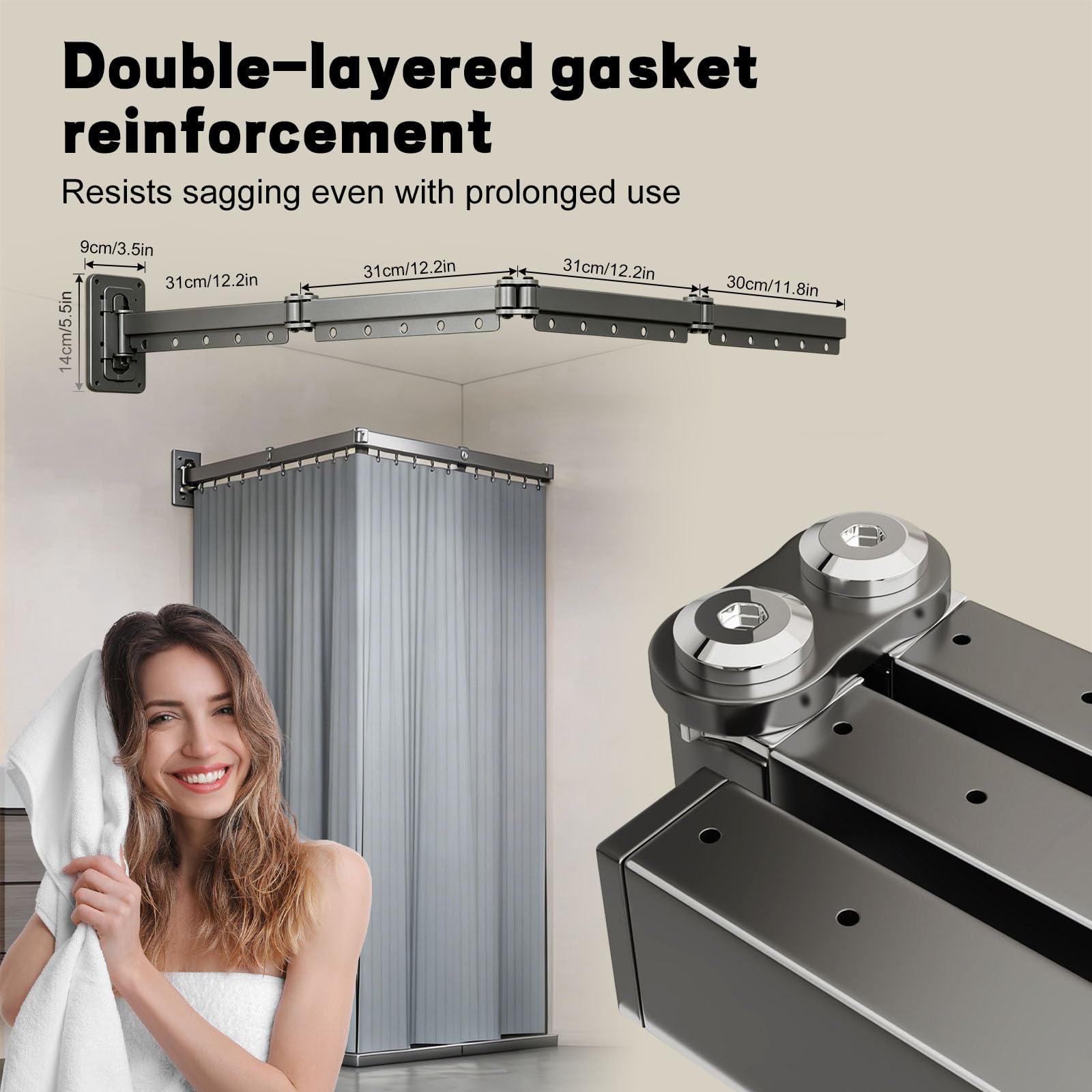 Barra de Cortina de Ducha Plegable con Cortina de 180 Cm, Apta Para Bañeras o Duchas, Barra Cortina Baño (Gris plomizo)