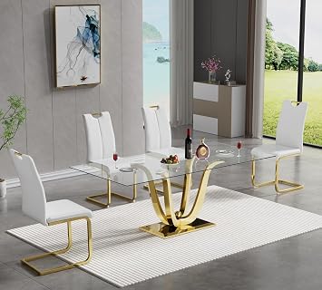 5-Piece Glass Dining Table Set with 4 PU Leather Dining Chairs, 70 Tempered Glass Top Rectangular Kitchen Table Set for 4, Home Kitchen Furniture Gold Dining Table and Chair Set for 4