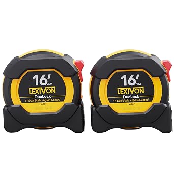 LEXIVON [2-Pack] 16Ft/5m DuaLock Tape Measure | 1-Inch Wide Blade with Nylon Coating, Matt Finish White & Yellow Dual Sided Rule Print | Ft/Inch/Fractions/Metric LX-208