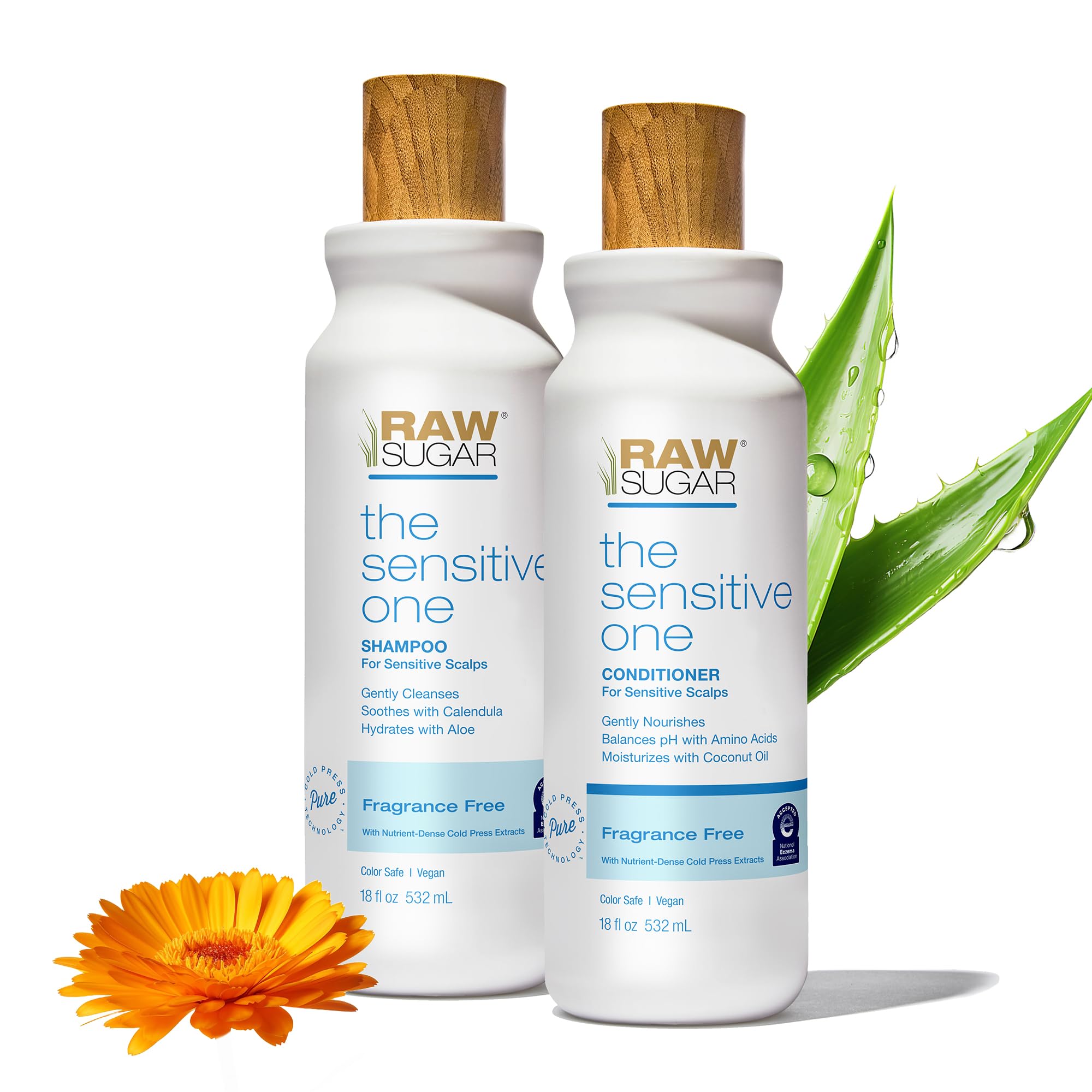 Raw Sugar Shampoo and Conditioner Set, The Sensitive One Hair Care Duo, 16 Fl Oz Each, Gently Cleanses, Soothes & Hydrates with Calendula & Aloe, No Fragrance, SLS/SLES & Parabens, Vegan Shampoo + Conditioner