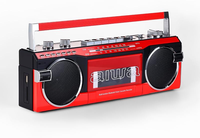 aiwa Streetjam Retro Boombox Reproductor y grabador de casete, parlante inalámbrico Bluetooth 5.3, radio FM/AM, USB/SD MP3, AUX, mango portátil (rojo/negro)