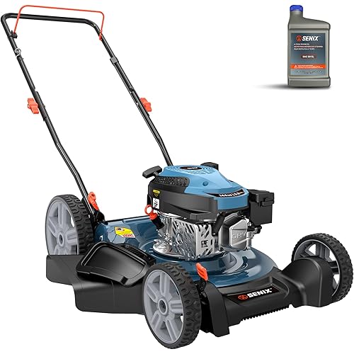 SENIX 21-Inch Gas Lawn Mower, 144cc 4-Cycle Engine, 2-in-1 Mulching & Side Discharge, 6-Position Height Adjustment, Push Walk-Behind Mower for Residential Yard & Garden