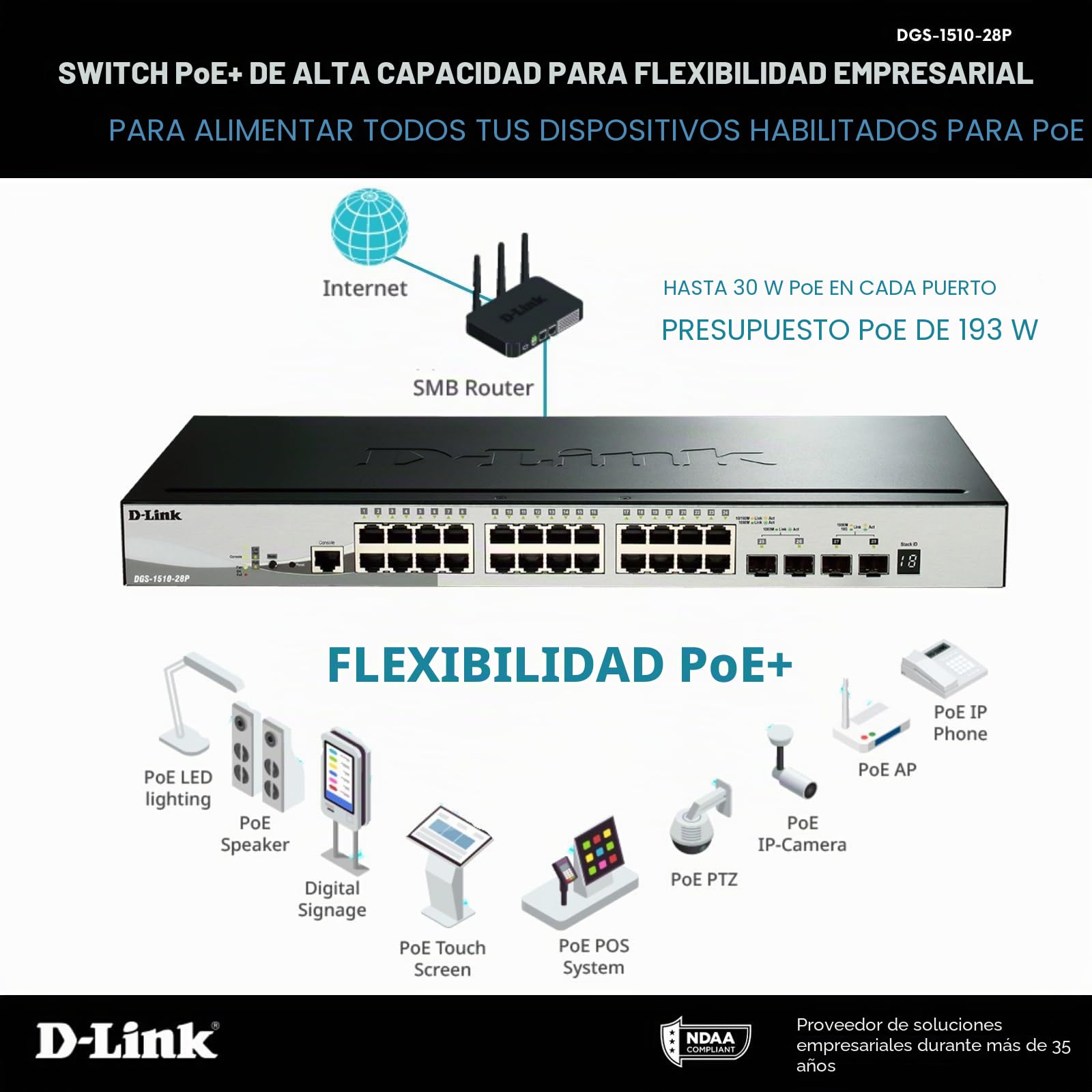 D-Link DGS-1510-28P - Switch PoE de 24 puertos Gigabit L2+ (funcionalidades L3), 2 puertos SFP 1000 Mbps y 2 puertos 10G SFP+, apilable, altura 1U, VLAN automática para video vigilancia y telefonía IP