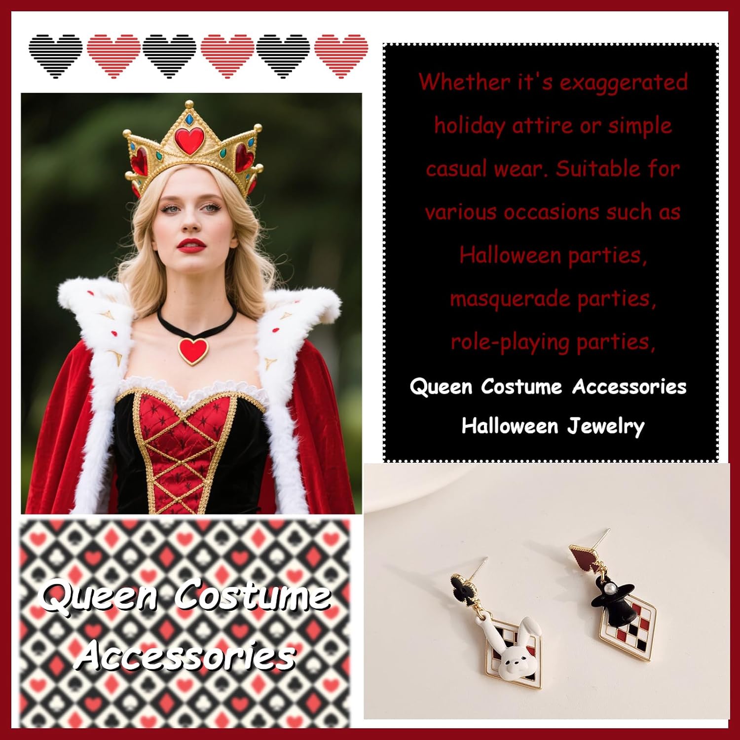 Queen of Heart Costume Jewelry Set for Women Red Heart Black Choker Charm Necklaces Rhinestone Blood Heart Earrings Pearl Drop Earrings Halloween Cosplay Party Jewelry Accessories - Image 4