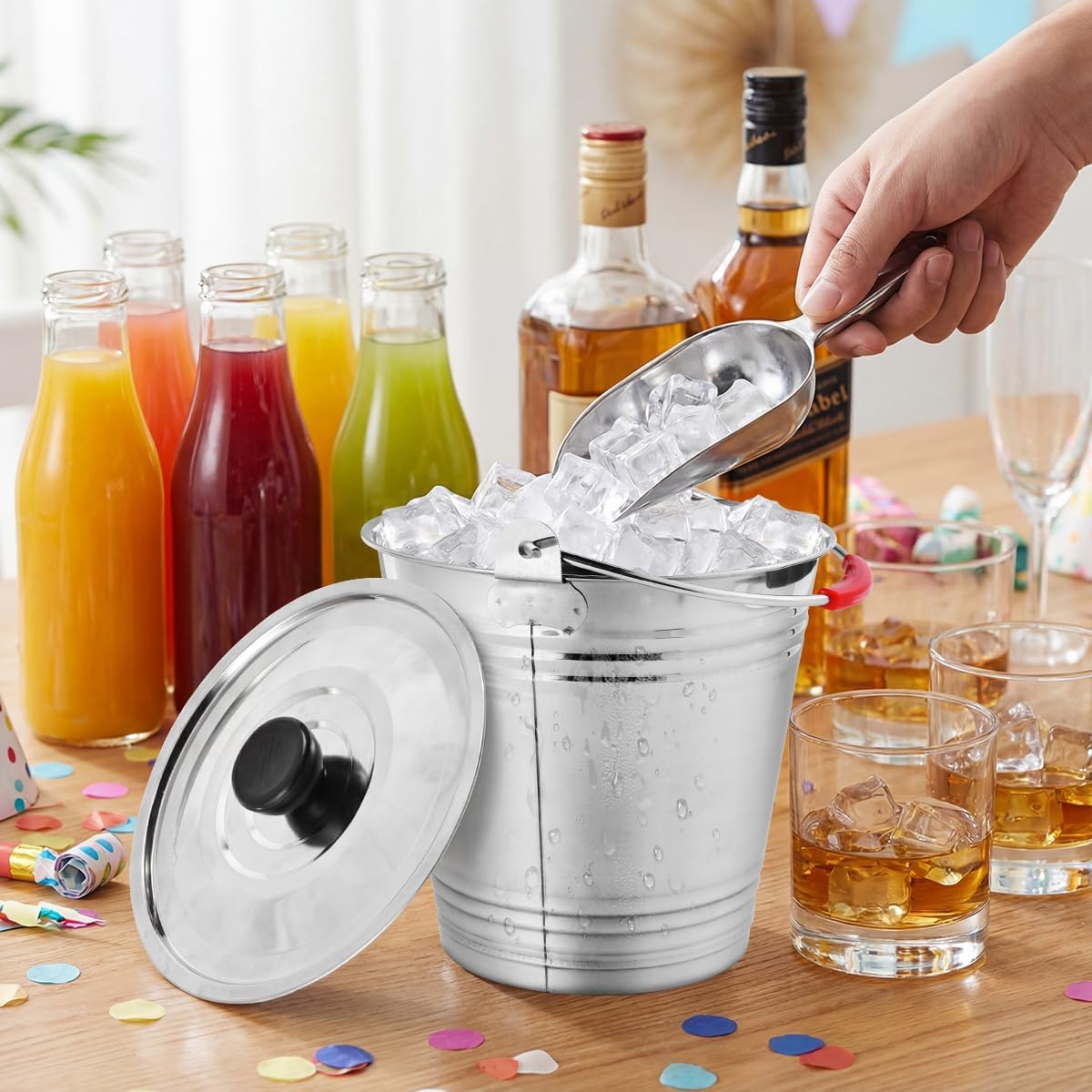 OBTANIM 3 Pack 5L Stainless Steel Metal Ice Buckets Champagne Drink Cooler Storage Ice Pails with Handle and Lid for Party Favors Organizing Home Parties Bar Cooling Supplies