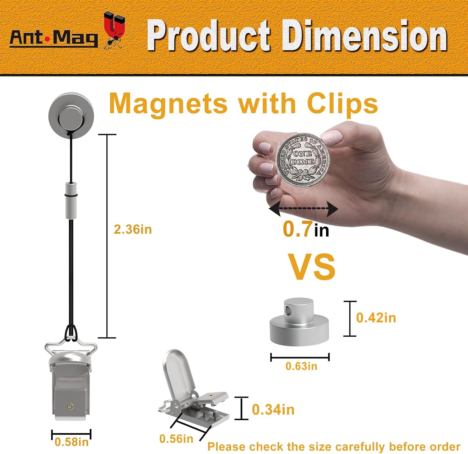 Ant Mag Magnets Clips for Hanging Metal Clips Biting Design with Strings Perfect for Gloves Towels Hats Organization，Magnetic Clip for Fridge Locker Grill Indoor Outdoor Use 6 Pack
