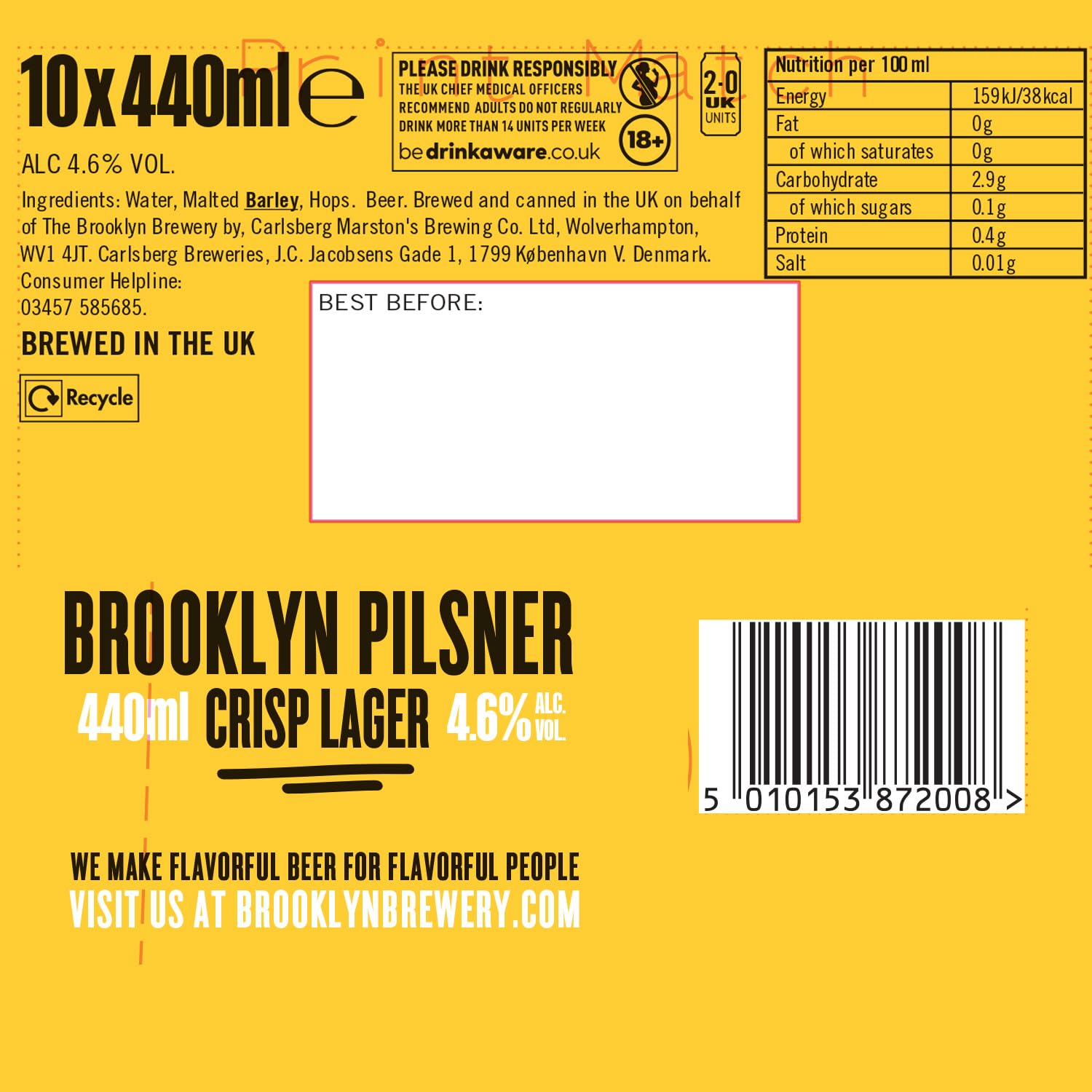 Brooklyn Pilsner Lager Beer 440ml Can (Pack of 10) — view 2