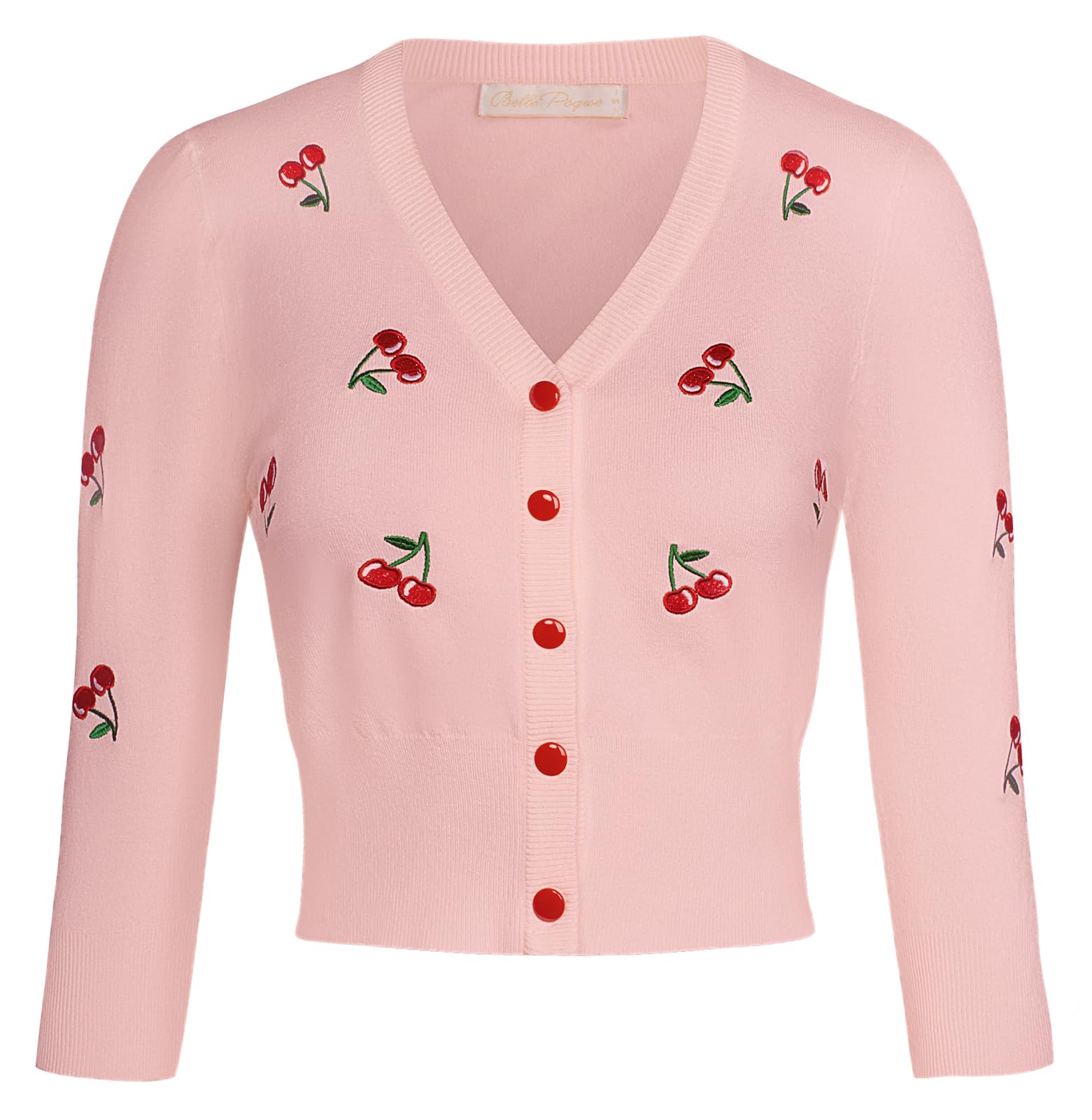 Belle Poque damski sweter w stylu vintage, lata 50. wiśniowy haft, rękaw 3/4, dziergane okrycie wierzchnie, bolero Shrug Cover Up GF609
