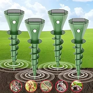 4 Pack Mole Repellent Stakes - Solar Powered Waterproof Ultra Sonic Spikes - Get Rid of Vole, Snake, Groundhog, Gopher - Repeller for Lawns Garden & Yard