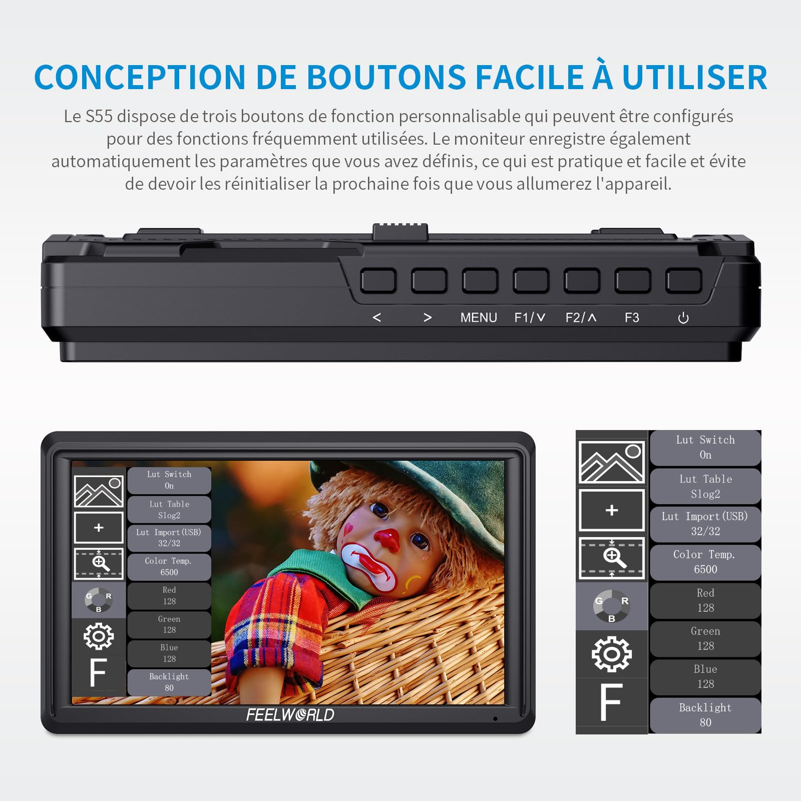 Feelworld S55 V3 5.5 Pouces sur Caméra Moniteur DSLR Camera Field Monitor Small Full HD 1920x1080 IPS Peaking Focus Video Assist avec 4K HDMI 8.4V DC Input Output Livré avec Batterie et Sac，Tilt Arm