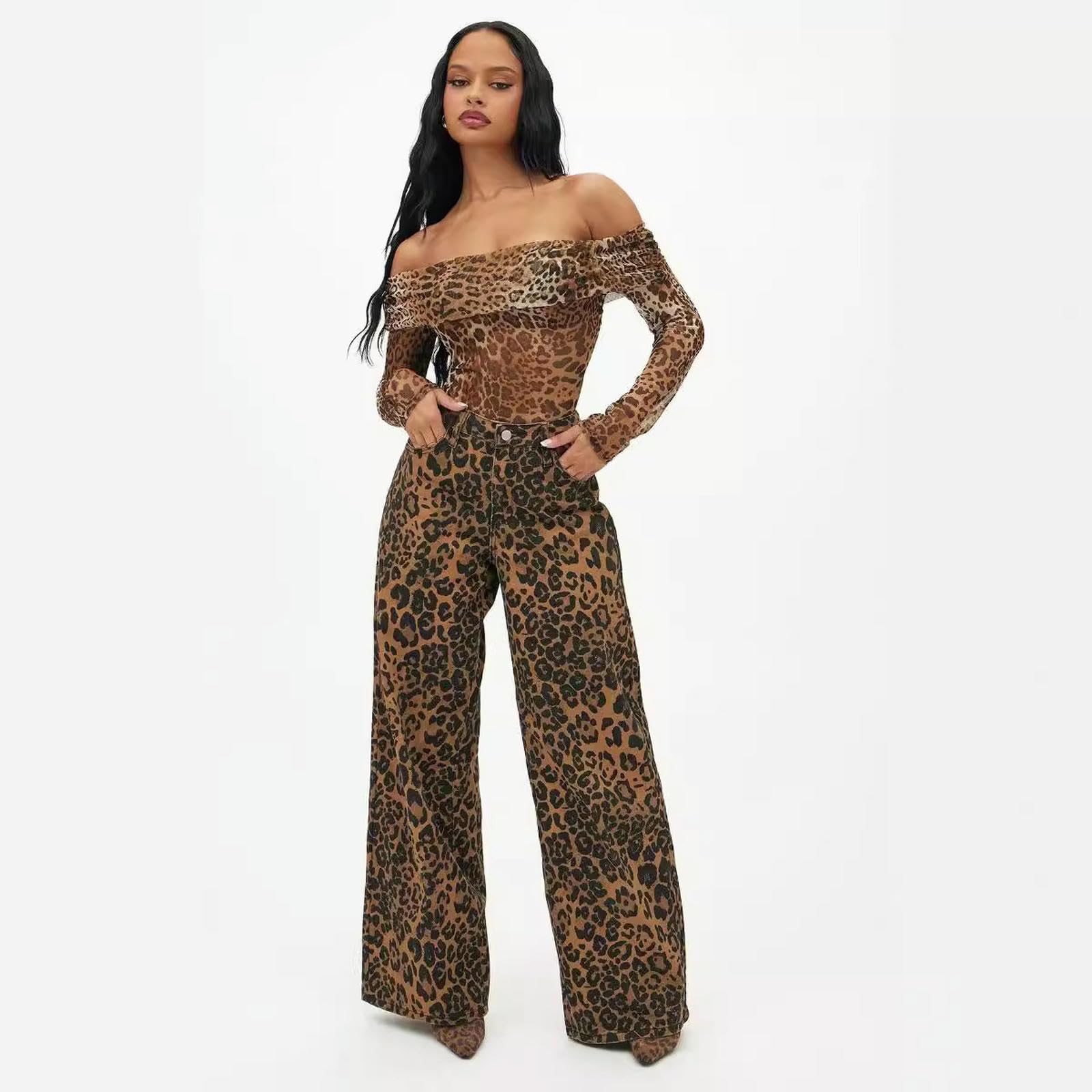 Jeans Donna A Gamba Larga Casual Jeans-Stampa Leopardo-XS