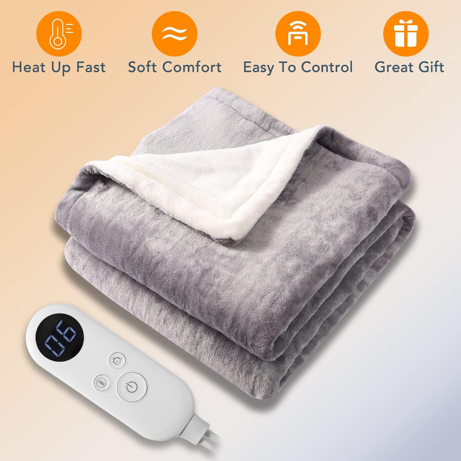 review cinwauvo Heated Blanket Electric Throw,Soft Flannel & Sherpa Fast Heating Blanket with 6 Heating Levels & 8 Time Settings 8 Hours Auto-Off Machine Washable Home Office Use,50