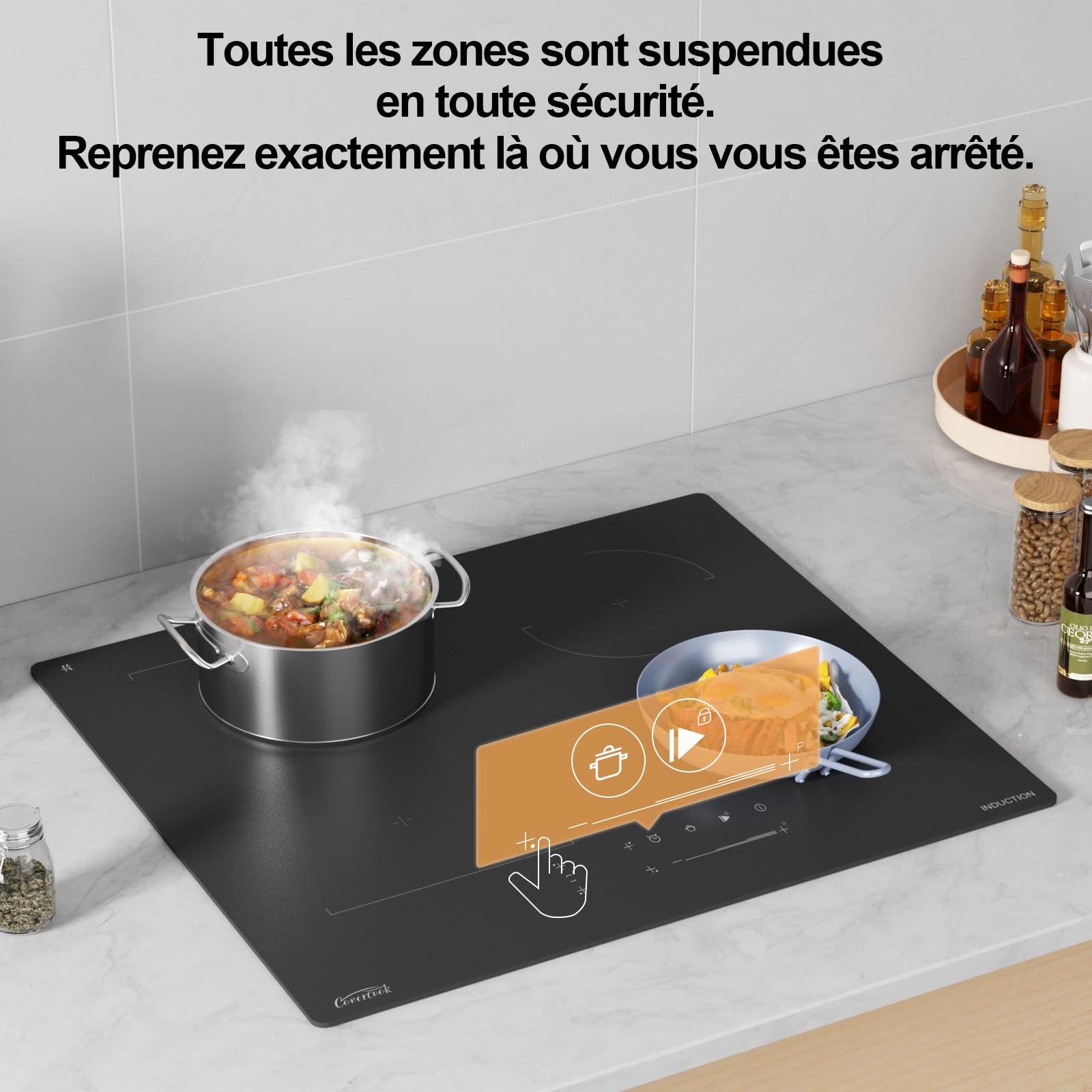 Table de cuisson électrique à induction 59 cm, plaques chauffantes encastrables avec zone pont, 7000 W, 240 V, verre mat, résistant aux rayures, fonction pause et maintien au chaud