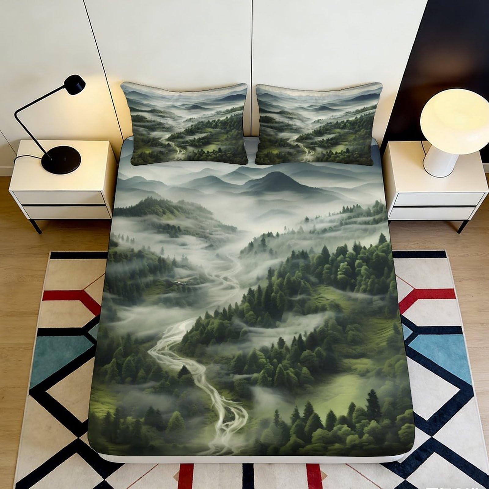 3D Printed Foggy Mountain Forest Fitted Sheet Microfiber Breathable River Valley Mattress Cover Bedroom Decor 120x200cm 160x200x25cm