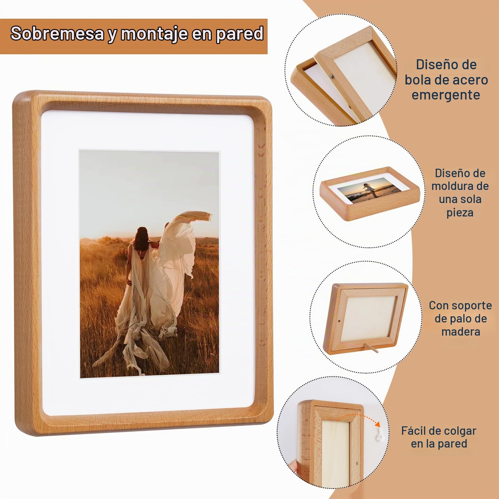 Marco de Fotos de Madera 15x20 cm, Portafotos 6x8 pulgadas, con paspartú para Fotos de 4x6 pulgadas (10x15cm), Montado en Mesa o Pared (Madera de Haya)