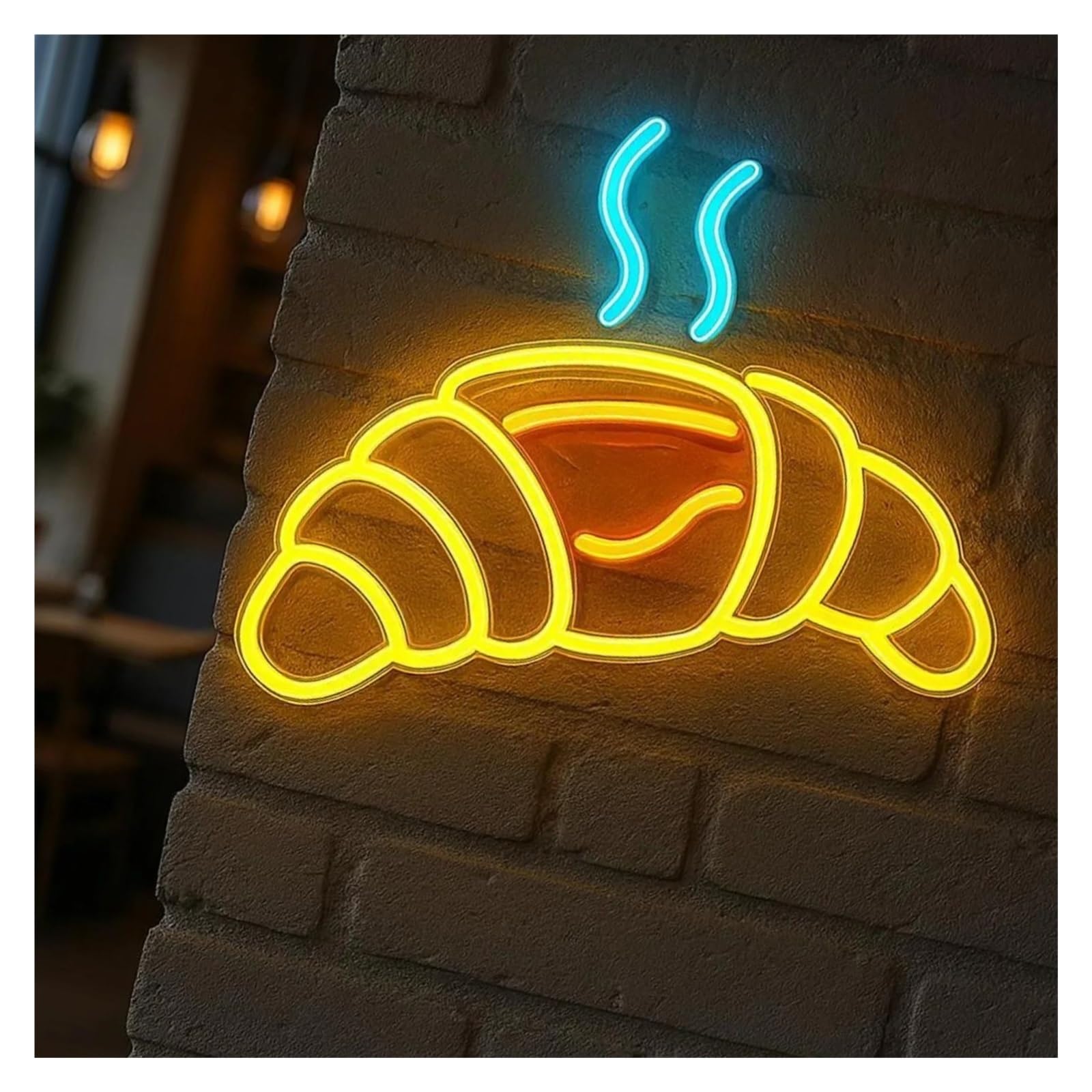 XENITE Hanging Art Neon Signs Croissant with Filling Neon Sign Dimmable for Bakeries, Cafes Wall Decor Breads with Steam On Top 43cm