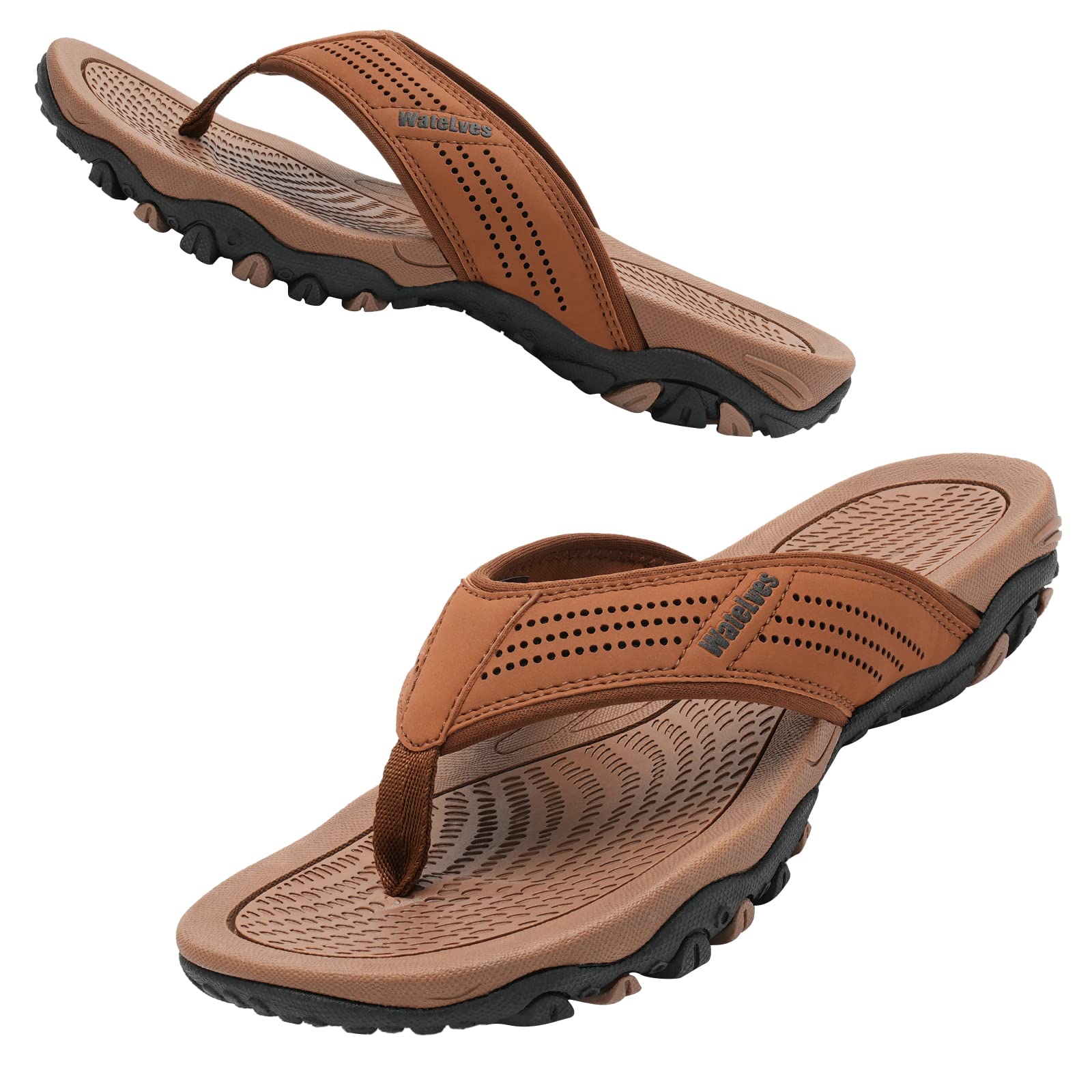 WateLves Herren Flip Flops Zehentrenner Leder mit Arch Support Sandalen Weich Leder Stoff Badelatschen Sommer Beach Rutschfest Hausschuhe Pantoletten