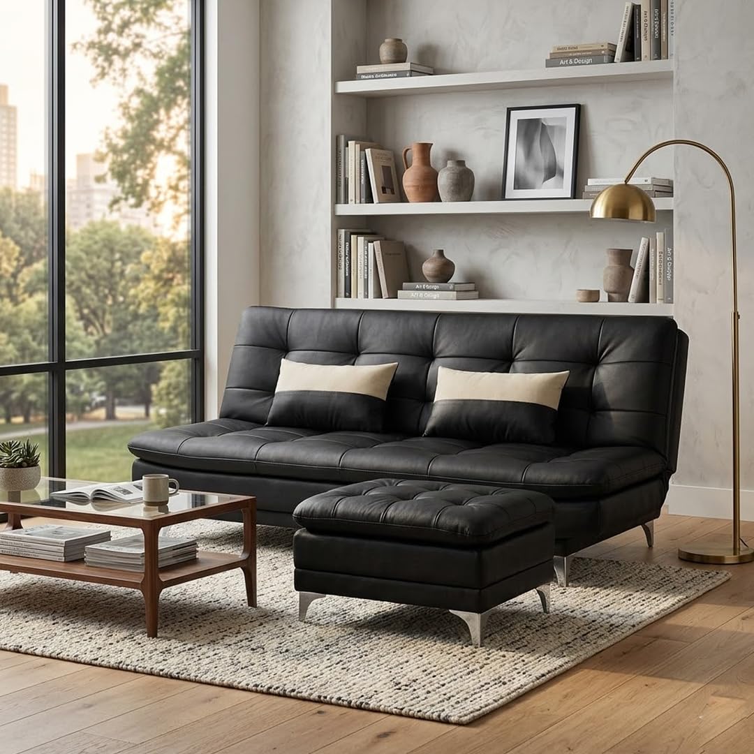 FURNY Supersoft 3 Seater Leatherette Sofa Cum Bed with Ottoman (Black) Premium Finish with Extra 2 Cushions | Ideal for Living Rooms, Bedrooms, Offices