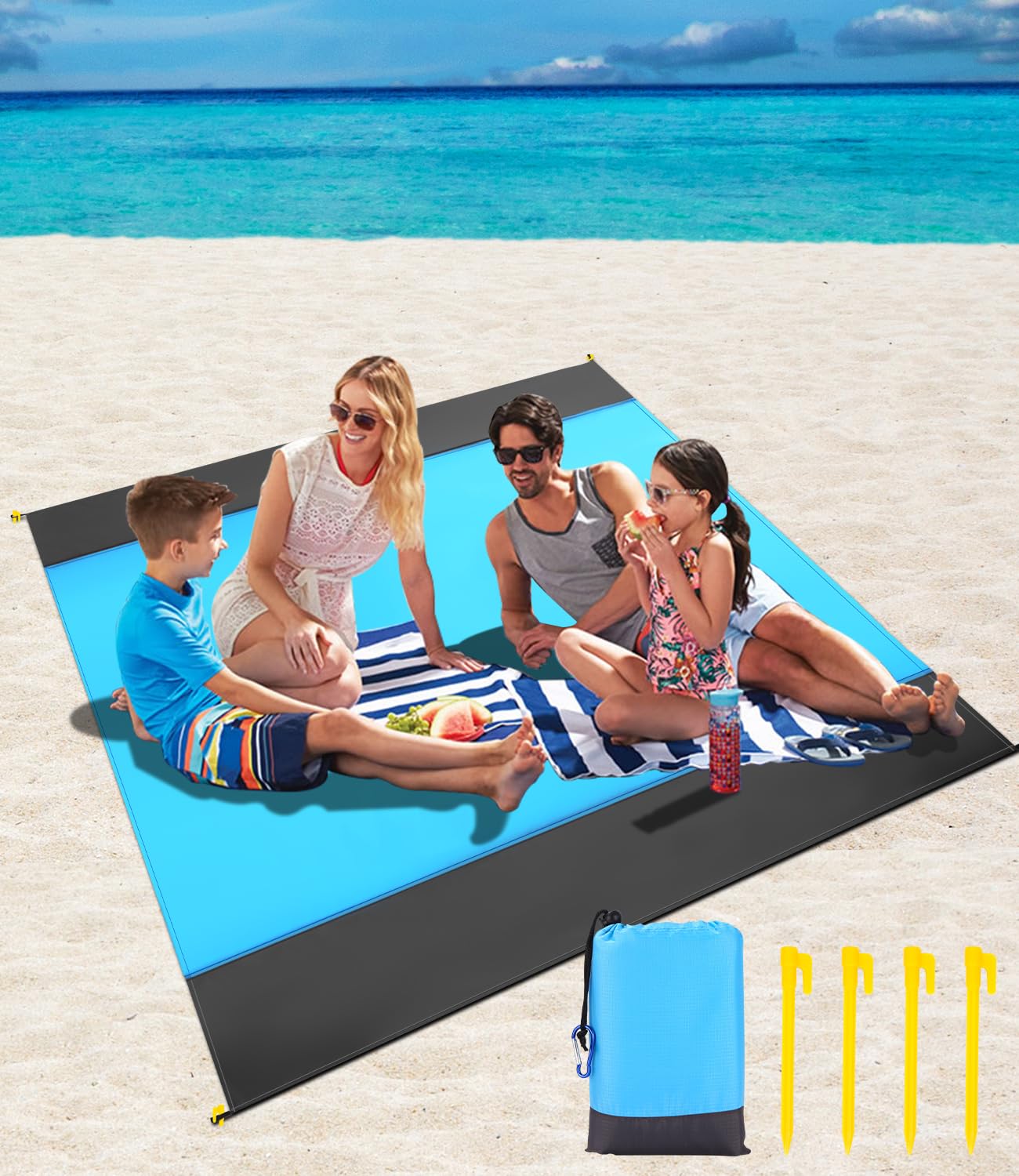 210x200cm Tapis de Plage Imperméable,Anti Sable Tapis Imperméable,Couverture de Plage Large Anti Sable,Compact Natte de Plage,avec 4 Piquets de Plage pour Plage,Camping,Picnic,Voyage(Bleu Gris)