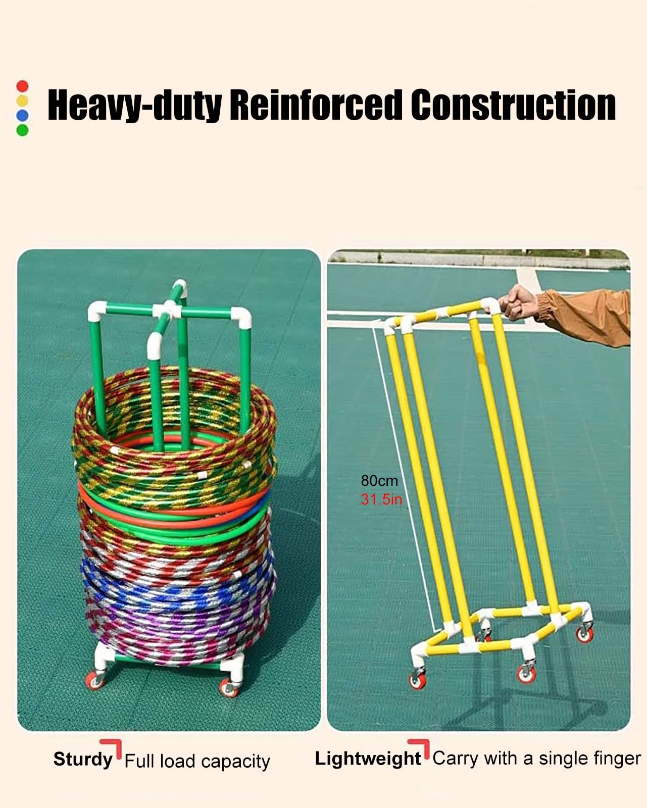 Supporto per Hula Hoop Supporto per anelli sportivi in ​​PVC, pratico carrello portaoggetti per hula hoop per interni ed esterni.