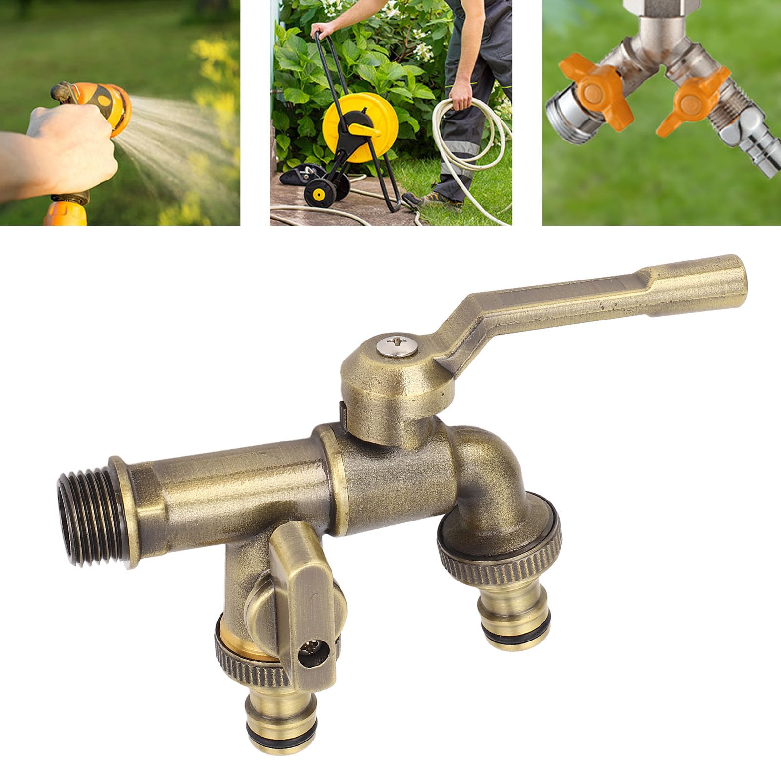 Robinet d'eau en Laiton Double Exterieur Jardin, 3/4 Pouces Robinet Double Sortie Extérieur Anti-gel, Robinet D'eau en Laiton Antique avec 2 Prises de 25 Mm Pour Jardin, Machine à Laver, Terrasse