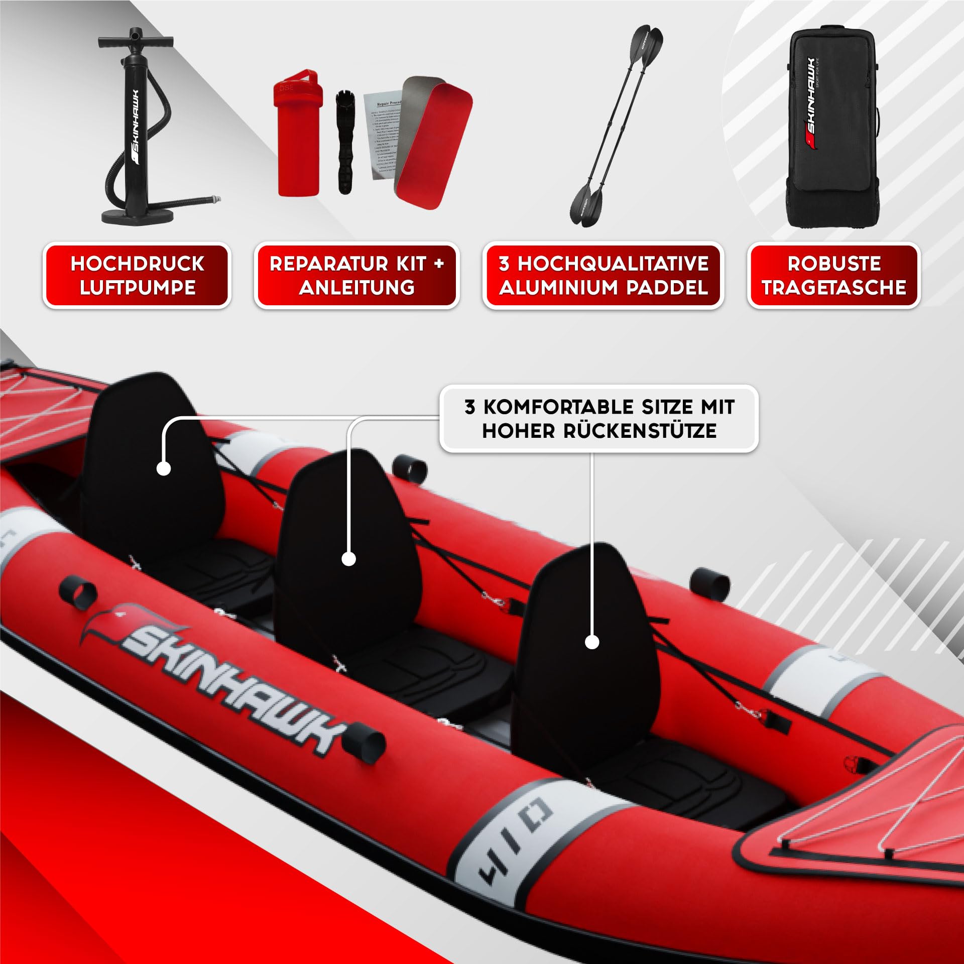 SKINHAWK Lot de 3 kayaks gonflables de qualité supérieure - Bordeaux - Avec 3 pagaies en aluminium - 3 places - Pompe et sac - 410 x 95 cm