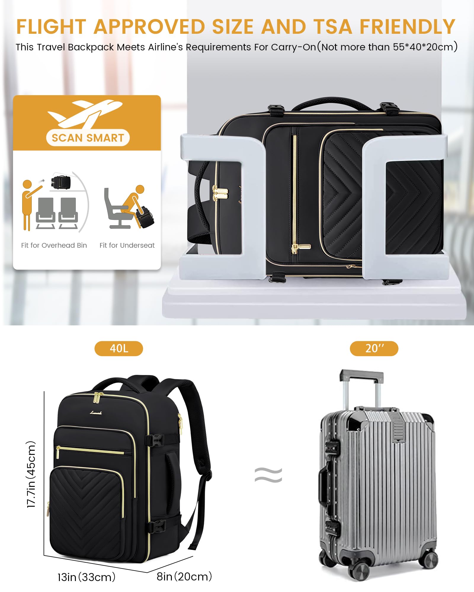 LOVEVOOK Zaino da Viaggio Aereo Bagaglio a Mano, Impermeabile Zaini Trolley Donna 40L Cabin Max per Ryanair Easyjet 45x33x20, Grande Zaino Porta PC 17 Pollici Valigia Borsa a Zainetto, Nero